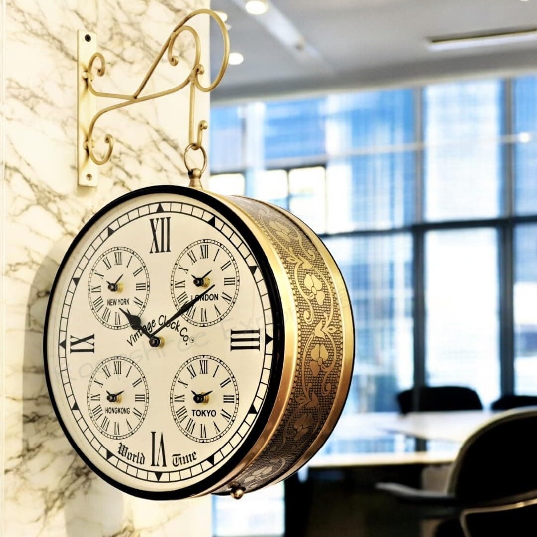 Vintage Clock Handcrafted Double Side Analog Clock With World Time/Railway (Station) Clock/Brass Finish / 12 Inches Size/One Side World Clock Other Side English Number