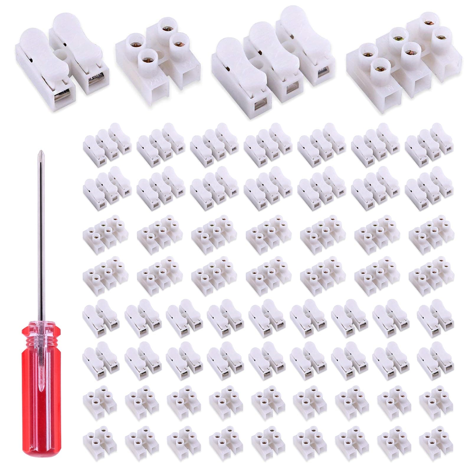 Rustark 100Pcs 2P CH2 + 3P CH3 Quick Connector Spring Wire Connector Screw Terminal Barrier Block for LED Strip Light Wire Connecting - 4 Styles