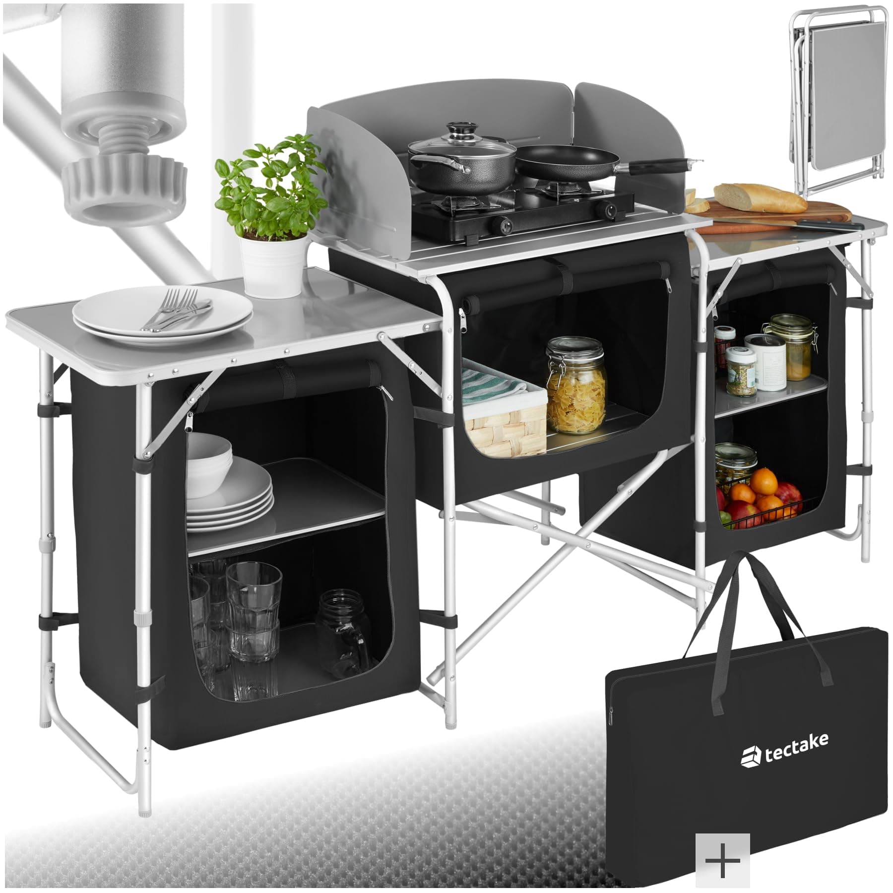 tectake® Portable Camping Kitchen with 5 Internal Shelves, Heat-Resistant Worktop, Wind Barrier & Zipped Doors - Outdoor Storage Cupboard with Lightweight Aluminium Frame, Incl. Carry Bag
