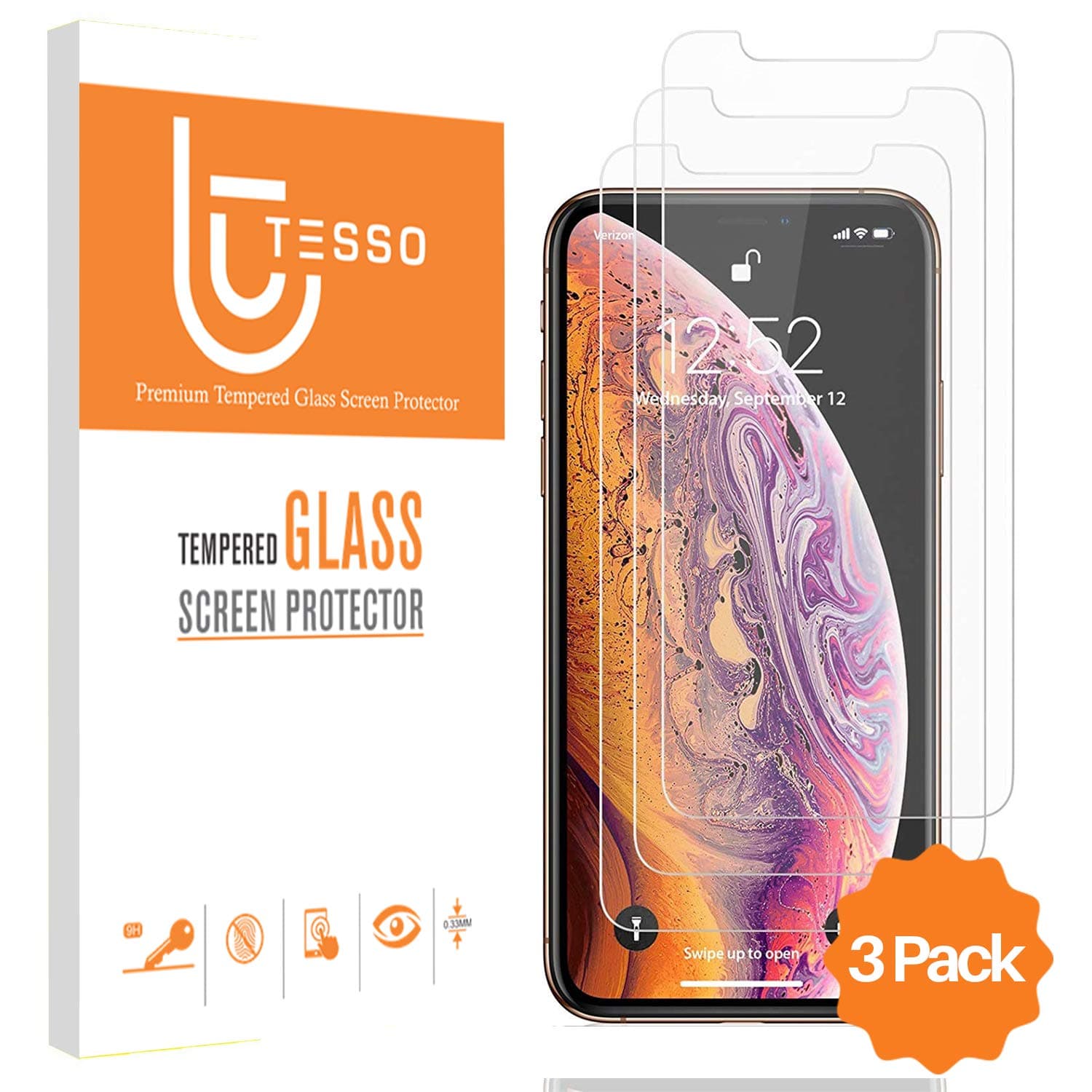 Tesso (3 Pack) Screen Protector Apple iPhone Xs Max 6.5 inch (0.33mm) iPhone Xs Max Tempered Glass Screen Protector [HD] 3D Touch Compatible Case Friendly Design (Installation Frame Included)