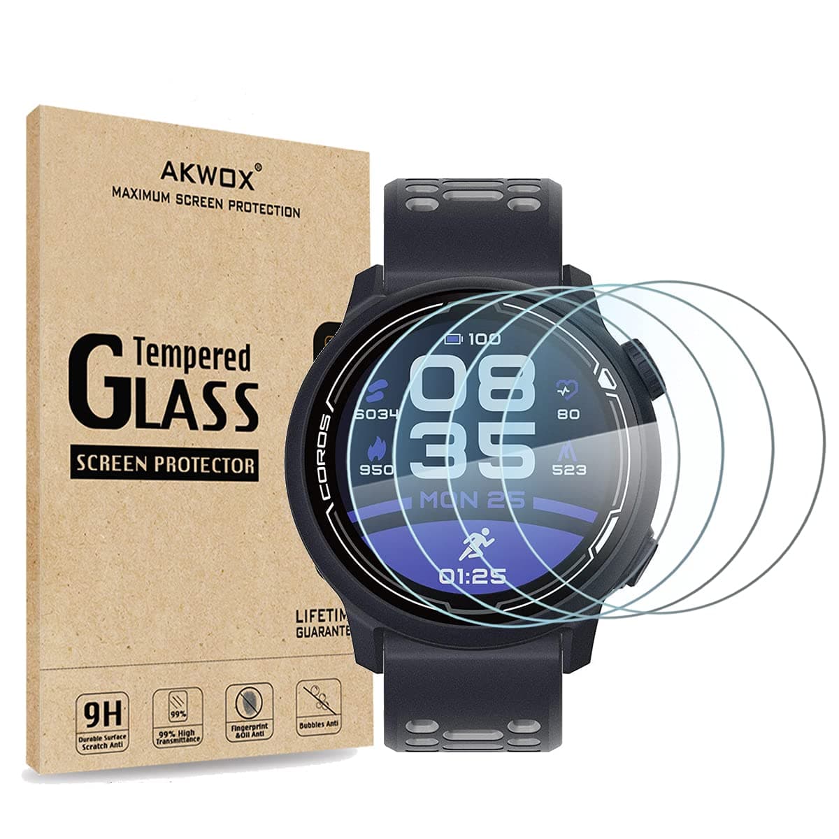 AKWOX [4-Pack] Tempered Glass Screen Protector for COROS PACE 2, [2.5D Arc Edges High Definition 9H Hardness] Anti-Scratch, Bubble-Free