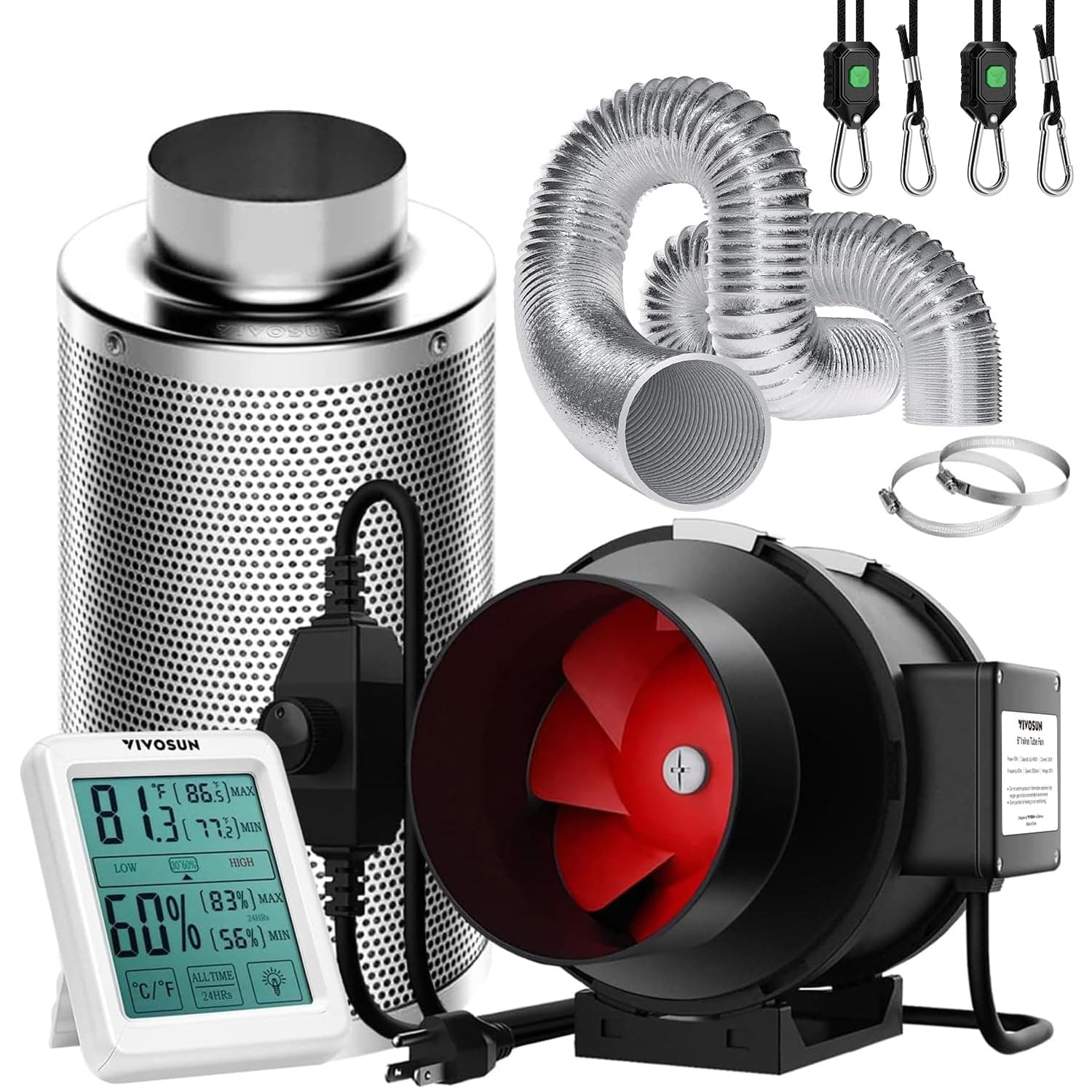 Inline Duct Fan 6 Inch 390 CFM with Speed Controller, 6 Inch Carbon Filter and 8 Feet of Ducting, Temperature Humidity Monitor for Grow Tent, Greenhouse Ventilation