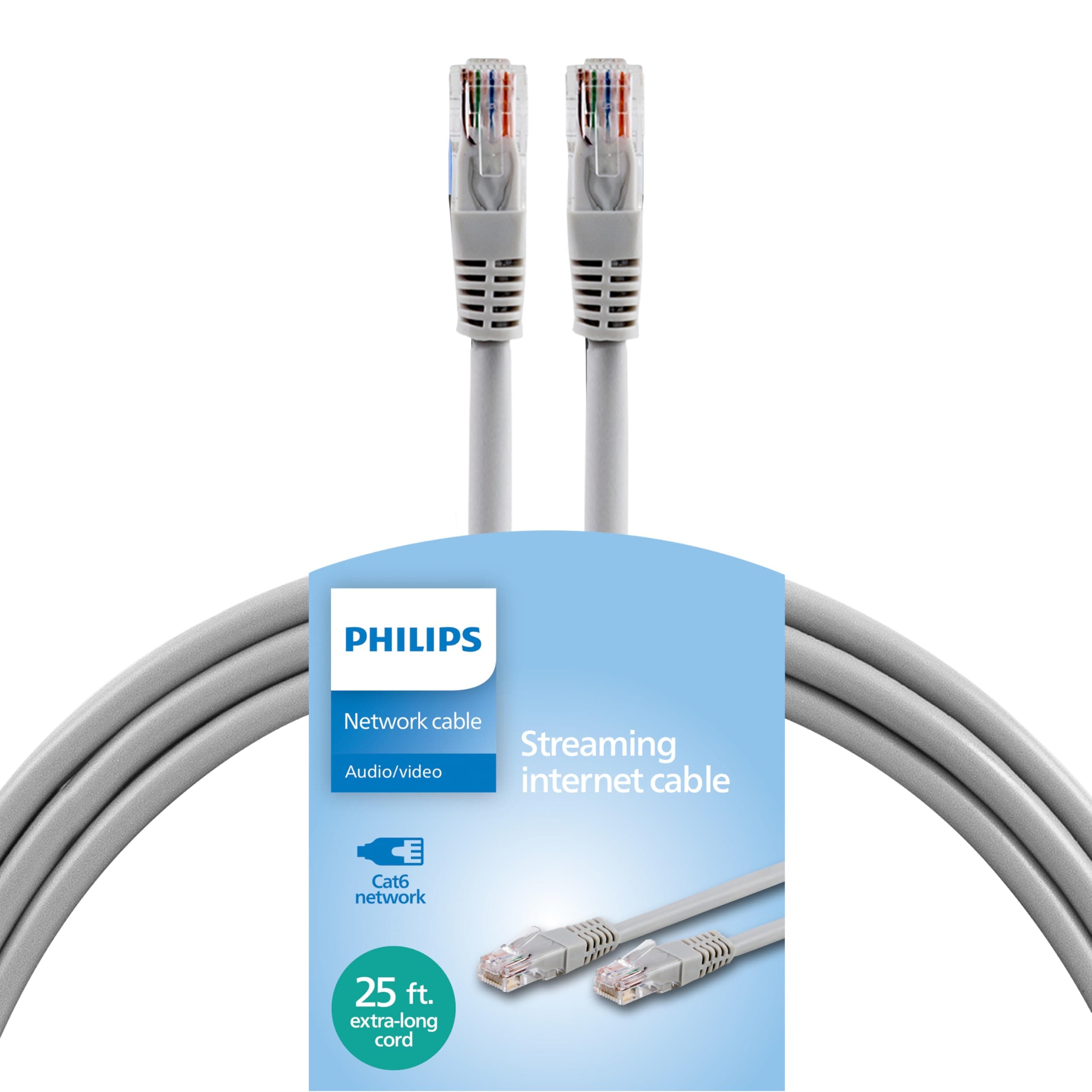 Philips Cat6 Ethernet Cable, Extra Long 25 Ft Cord, 10 Gbps, 250Mhz, Gold Plated RJ45M Connector, for Computer, Game Console, Cable/DSL Modem, Network Switch, Streaming Device, Gray, SWR3683GR/37