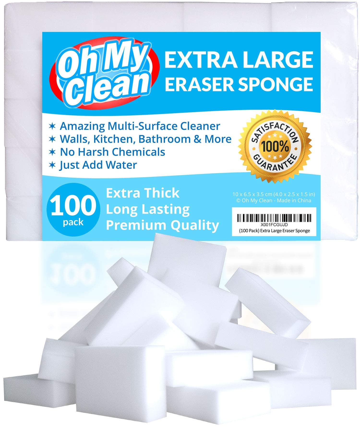 (100 Pack) Extra Large Eraser Sponge – Extra Thick, Long Lasting Magic Melamine Cleaning Sponges in Bulk – White Foam Pads for Walls, Kitchen, Bathroom, Floor & Baseboard Cleaner