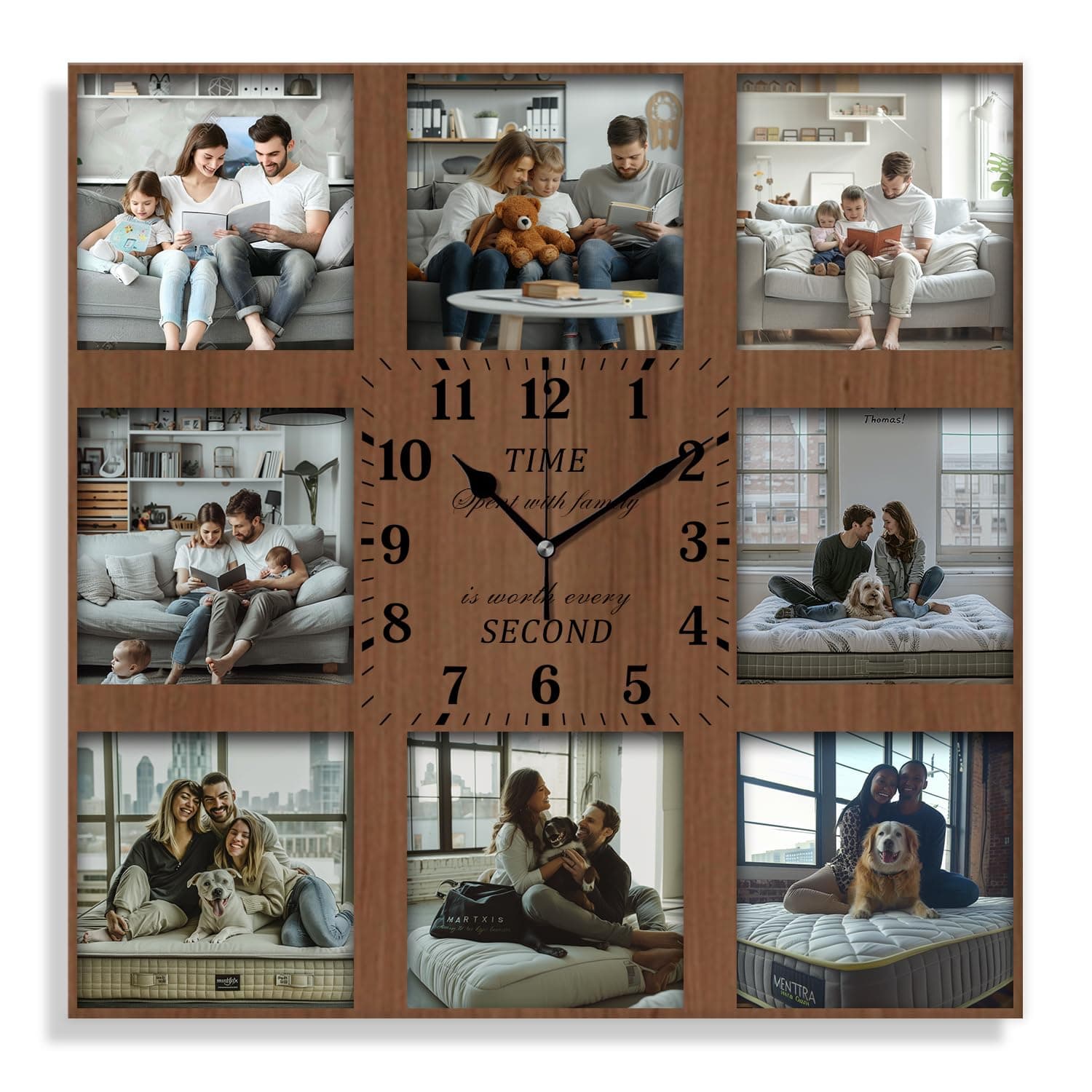 Custom Wall Clock, 8 Pictures Personalized Picture Clock for Creative, Battery Operated Square Clock Silent Non-Ticking for Home Decoration