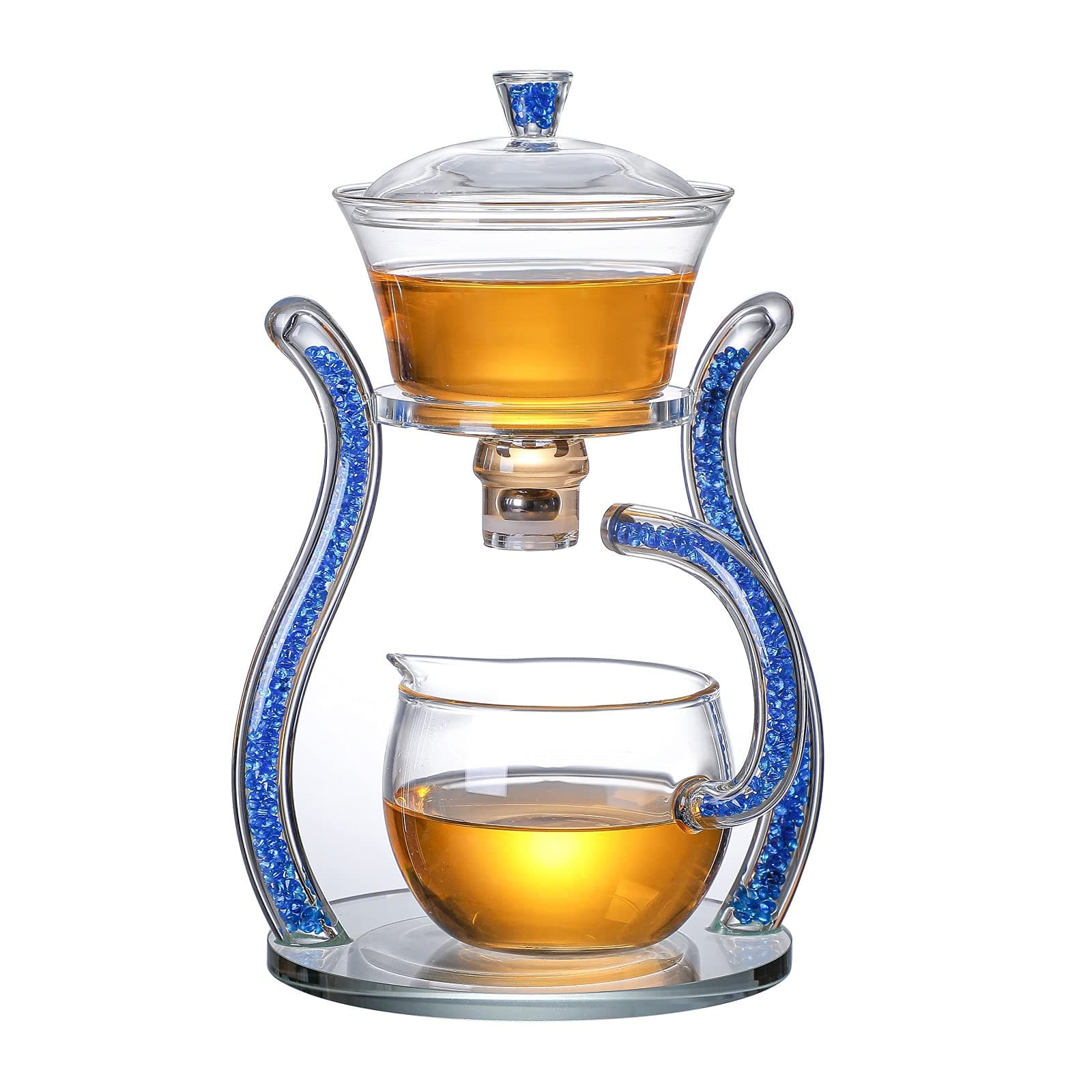 RORA Glass Teapot Set Semi Automatic Drip Rotating with Infuser Lazy Kungfu Tea pot Set (Blue)