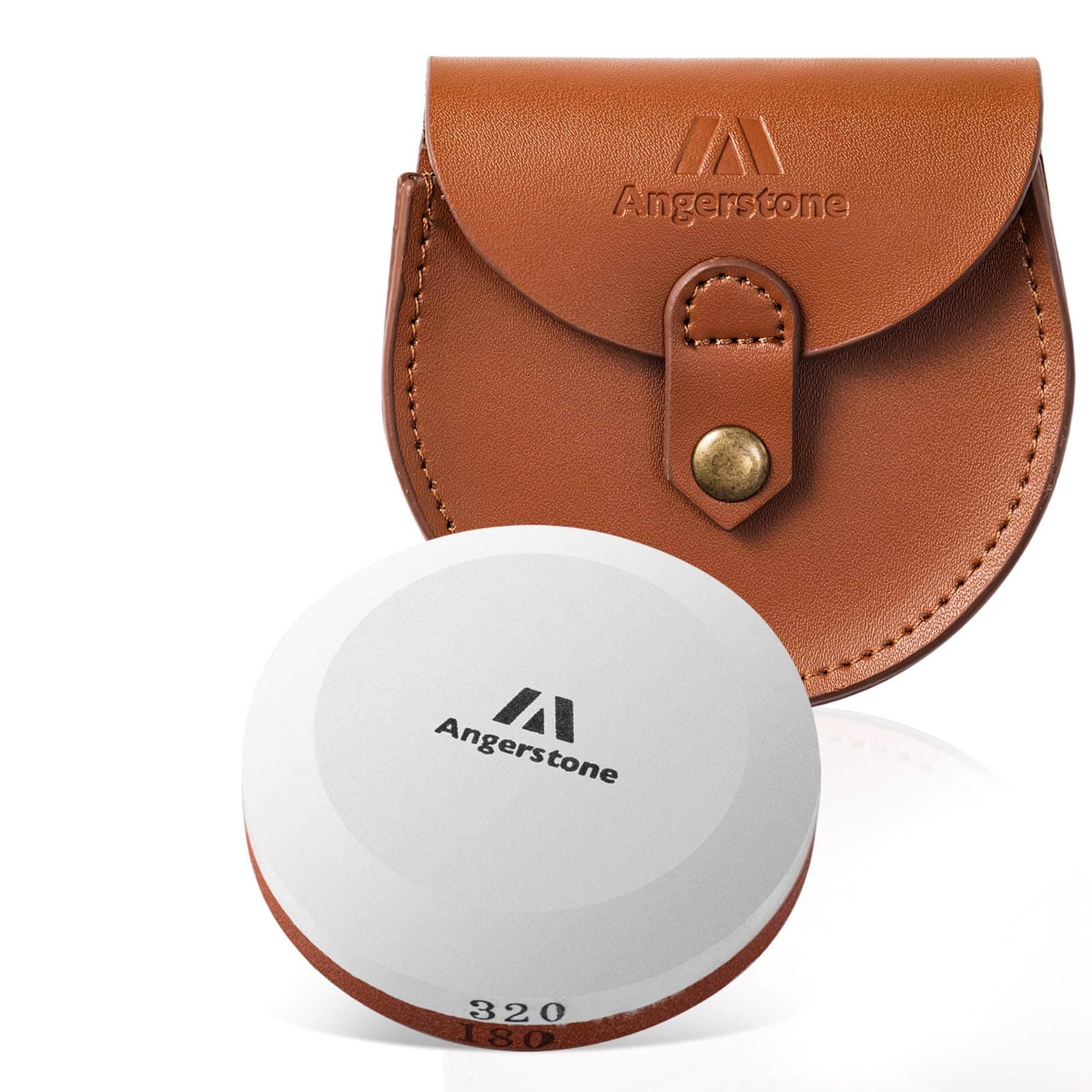 Angerstone Axe Sharpener - Multipurpose Axe/Hatchet Sharpening Stone - Whetstone Blade & Tool Sharpener, Dual Grit 180/320 Sharpening Puck with Leather Sheath