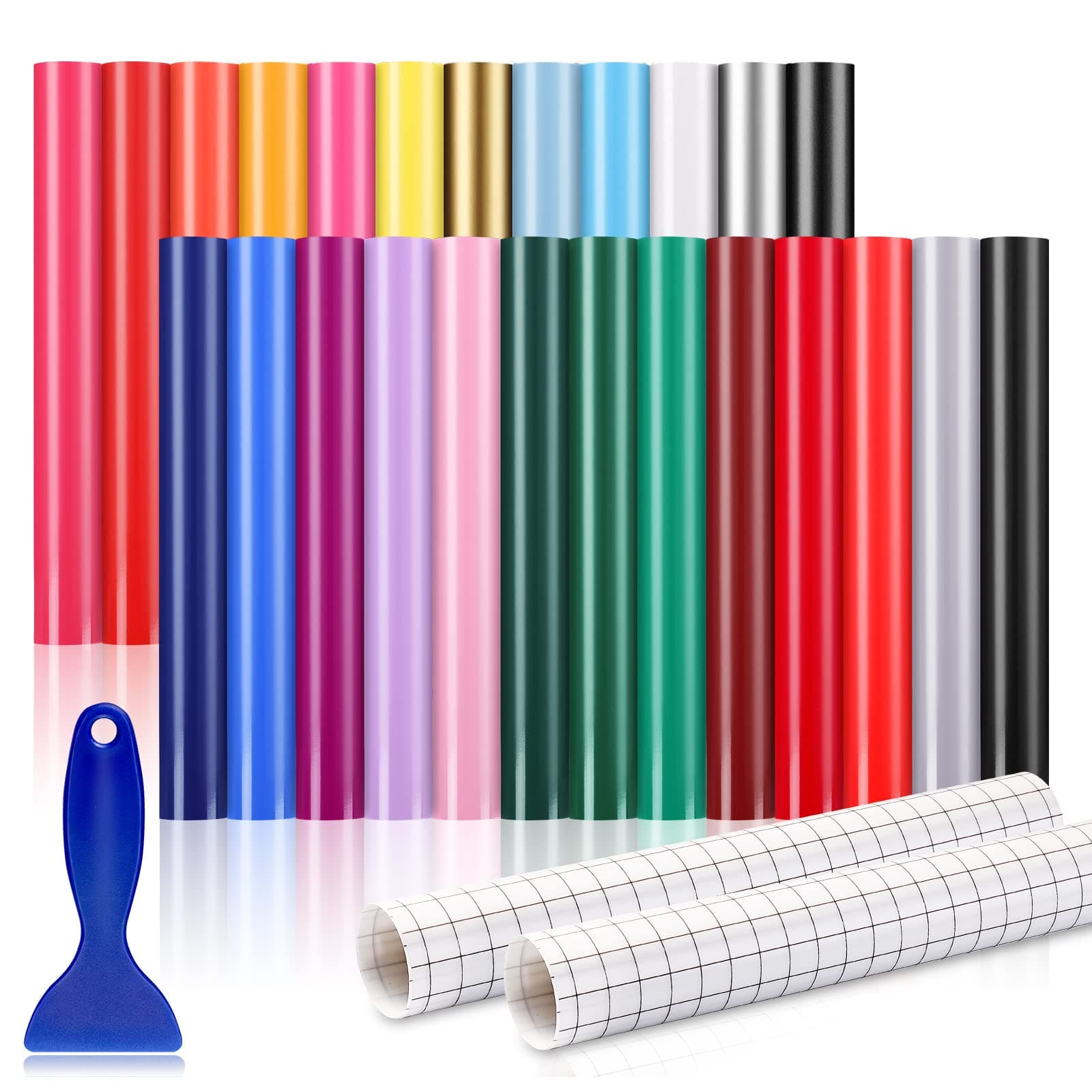 Permanent Vinyl (50Pack, 12"x12") - 40 Adhesive Vinyl (Matte & Glossy) + 10 Transfer Tapes 1 Scraper, Waterproof Outdoor for All Cutting Machine, Perfect for Home Party Decor