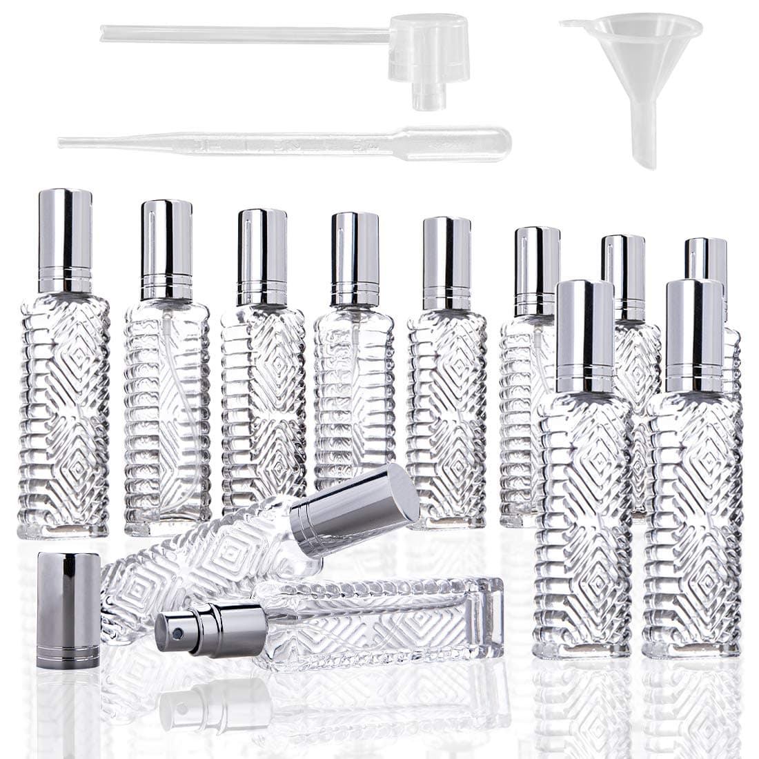 12pcs Perfume Bottles Empty Clear Glass Atomizer Spray Bottles Empty Refillable for Perfume Essential Oil,Packed with Funnels Pipettes Dispensers Engraved Taj Mahal Style（13ml）