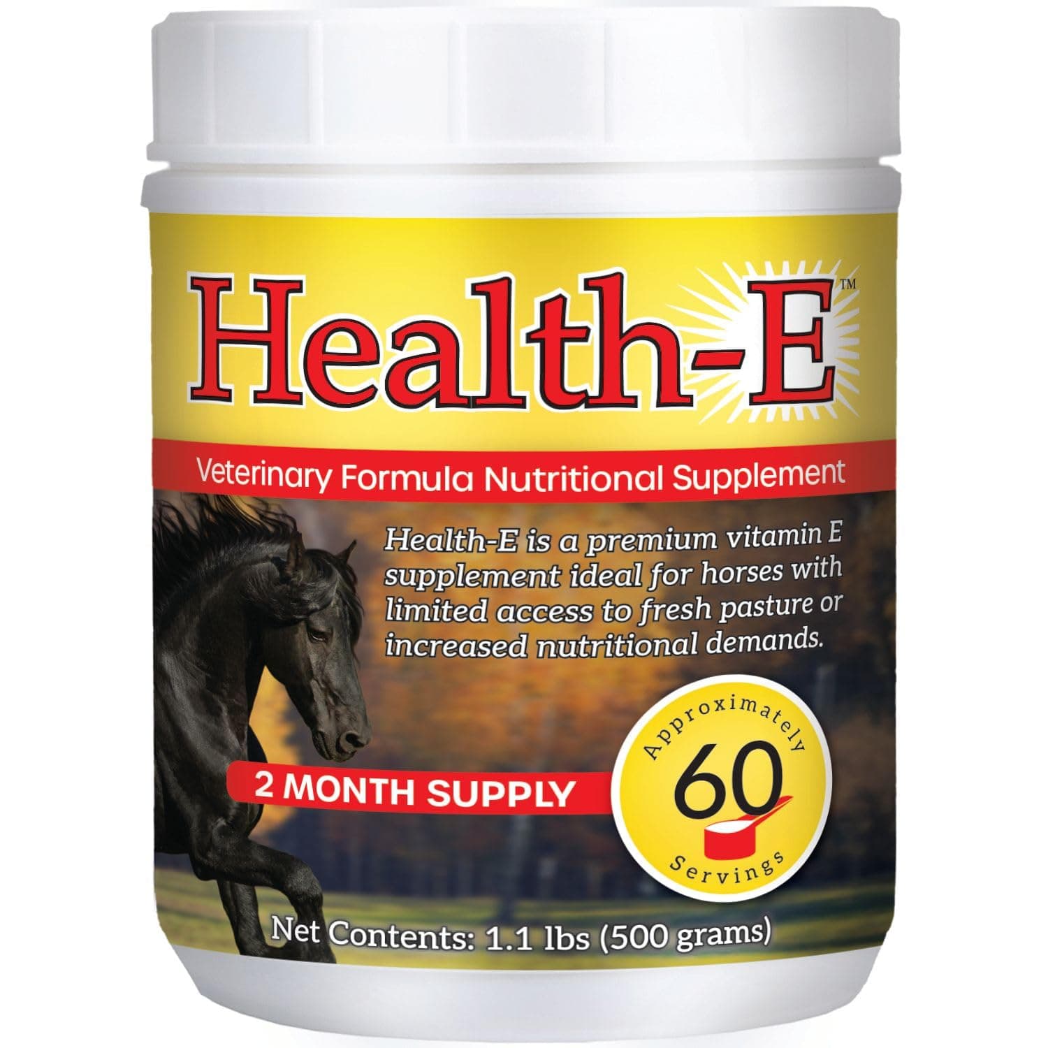 Vitamin E Supplement for Horses, High-Potency dl-Alpha Tocopherol Powder, Supports Immune Muscle Skin and Nerve Wellness, Low Sugar Starch and Fructans (60 Servings)