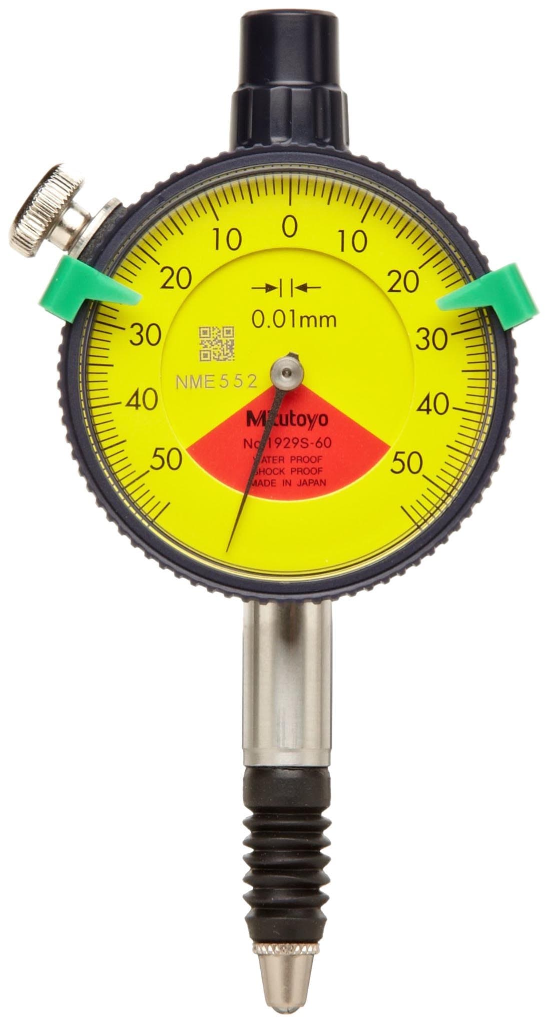 Mitutoyo 1929SB Dial Indicator, M2.5X0.45 Thread, 8mm Stem Dia., One Revolution Type, Flat Back, White Dial, 50-0-50 Reading, 41mm Dial Dia., 0-1mm Range, 0.01mm Graduation, -0.011mm Accuracy