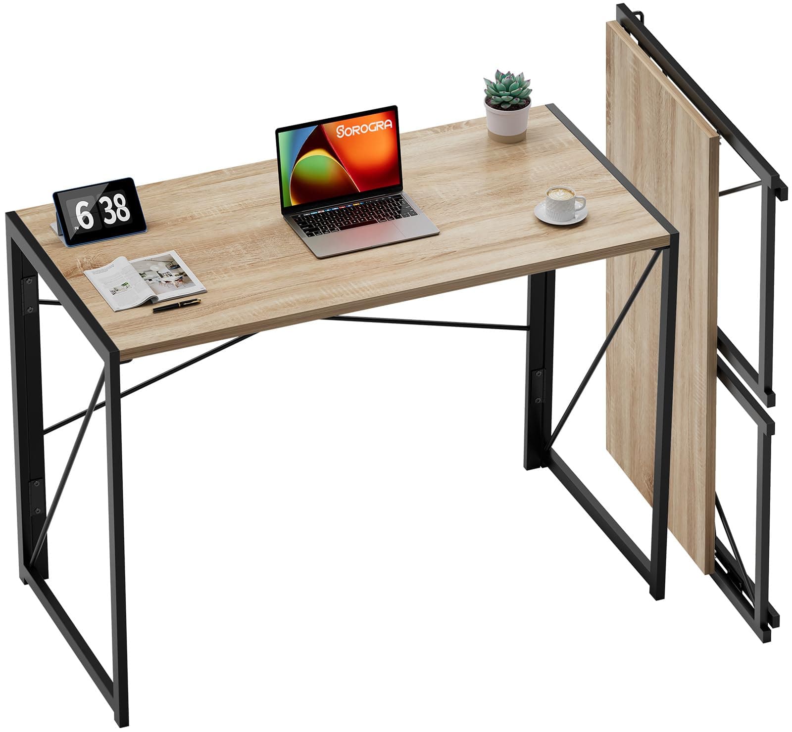 Coavas Small Folding Desk 39.4 inch Foldable Computer Desks, Spaces Saving Writing Table for Bedroom, Home Office, Dorm, Apartment, Kids, Beech