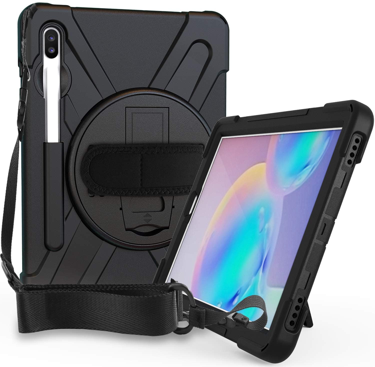 ProCase Galaxy Tab S6 10.5” 2019 Case with S Pen Holder (Model SM-T860/T865/T867), Rugged Heavy Duty Shockproof Cover with Hand Strap Rotating Kickstand Protective –Black