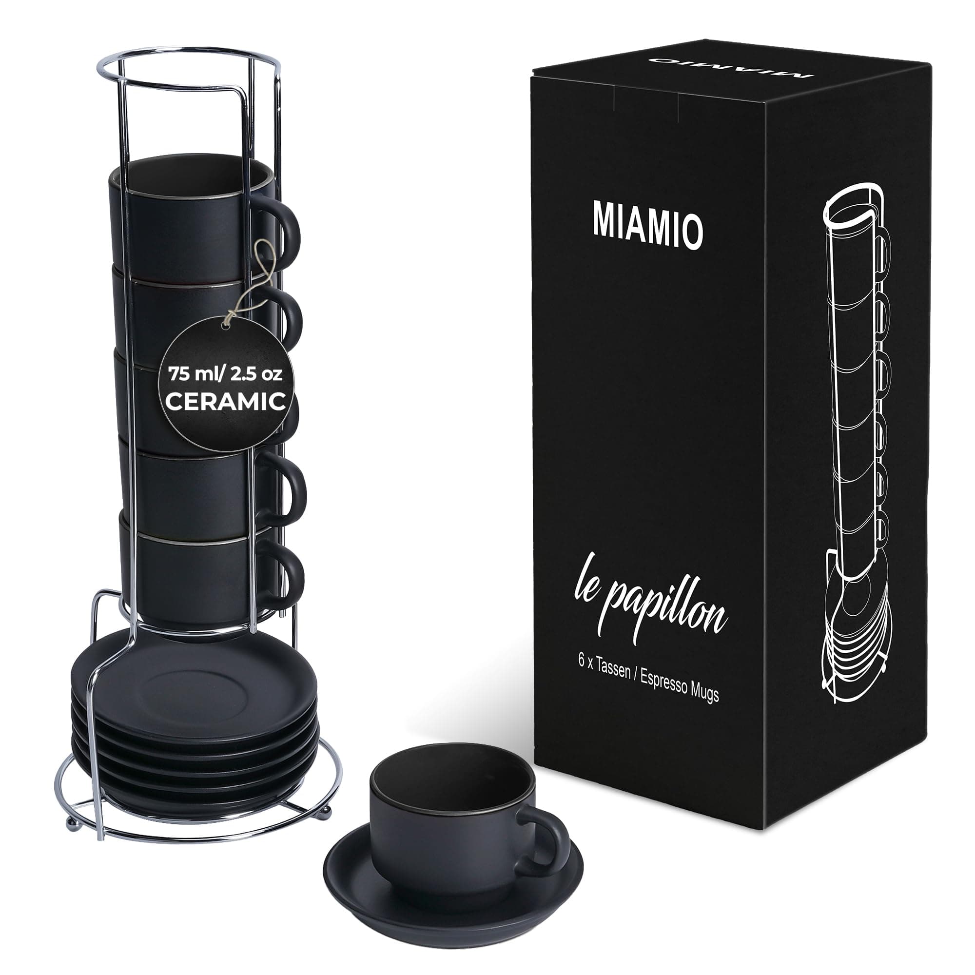 MIAMIO - 2.5 oz Espresso Cup Set with Saucers Coffee Mug Set of 6 - Ceramic Coffee Mug Stackable Espresso Mug with Stand for Coffee Drinks, Latte, Cafe Mocha - Le Papillon Collection (Black)