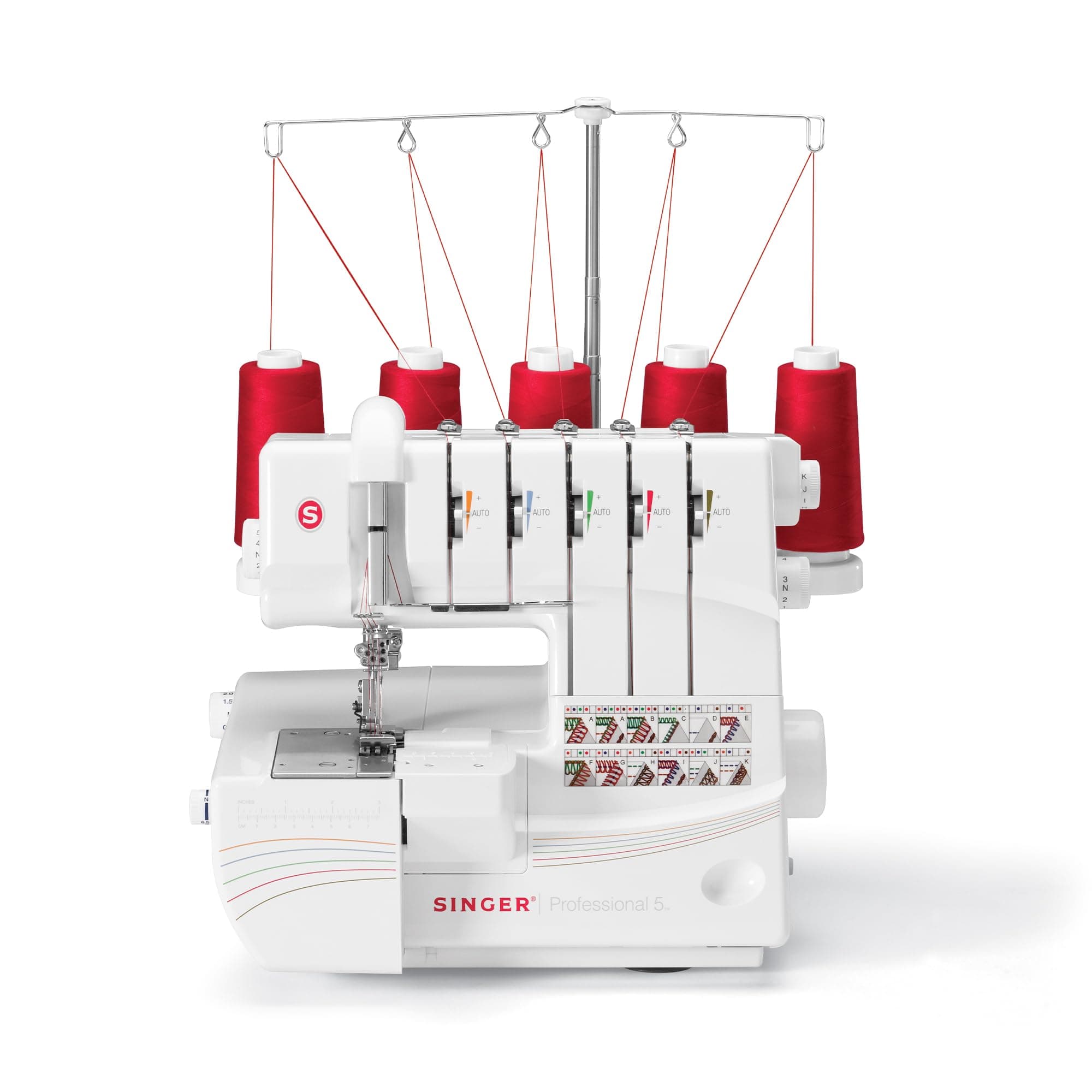 SINGER® Professional 5 14T968DC Heavy-Duty Metal Frame Serger Overlock and Accessory Kit with 2-3-4-5 Stitch Capability, Removeable Trim Trap, 1300 Stitches per minute, & Self Adjusting, White