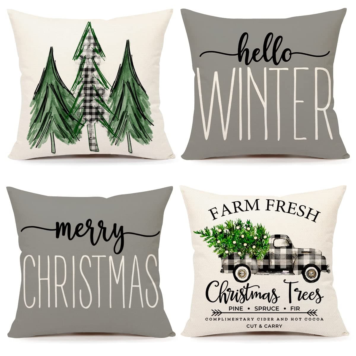 4TH Emotion Gray Christmas Pillow Covers 18x18 Set of 4 Farmhouse Decorations Merry Tree Truck Hello Winter Holiday Decor Throw Cushion Case for Home Couch S22C19