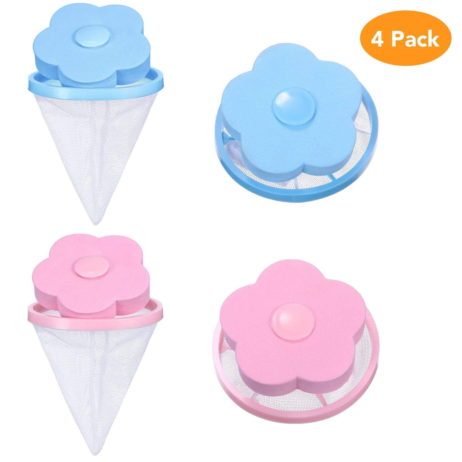 4PC Washing Machine Universal Float, Filter Bag Laundry Ball, Floating Pet Fur Catcher Filtering Hair Removal Device Wool Cleaning Supplies (2Blue+2Pink)