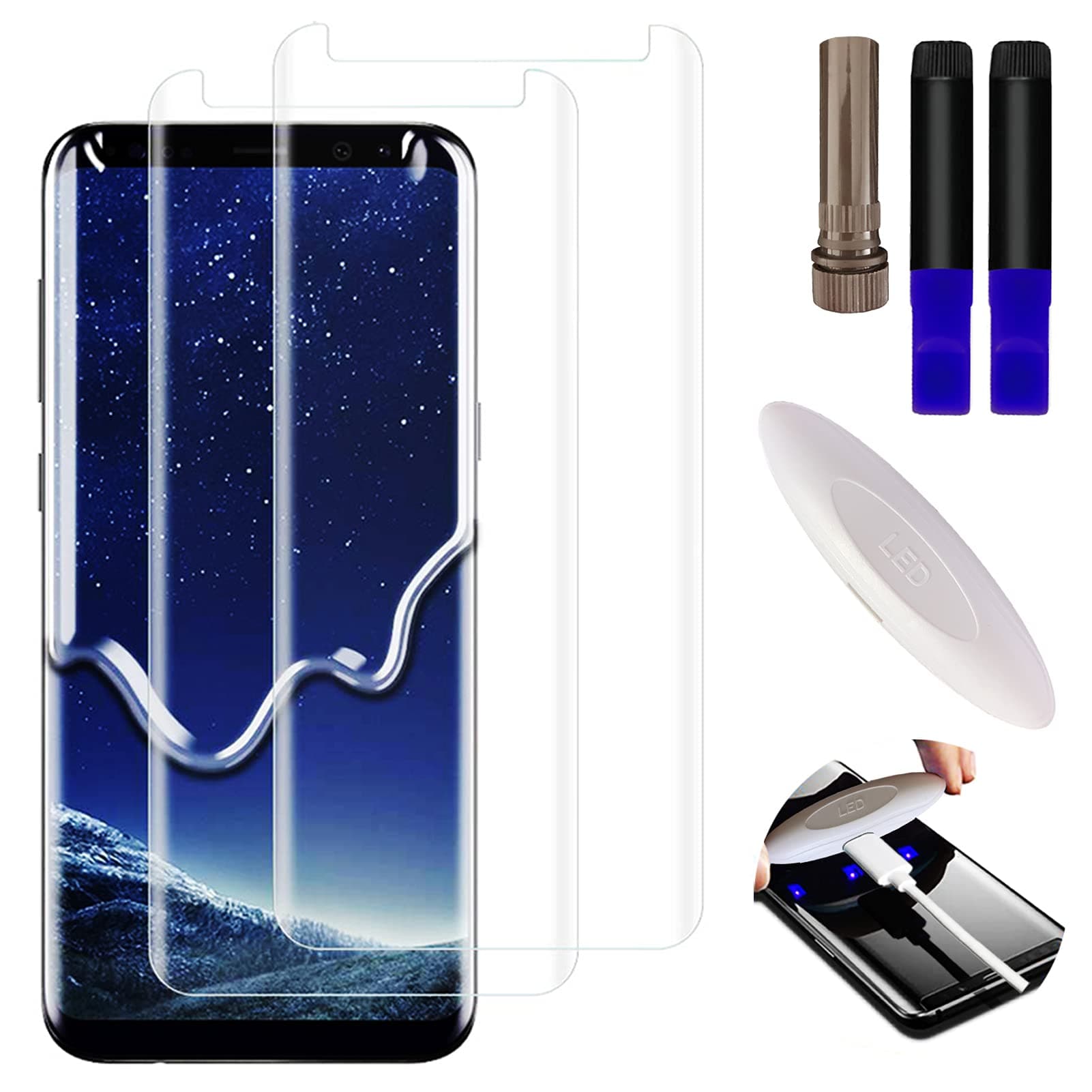 Johncase[2 Pack Screen Protector Compatible for Samsung Galaxy S8/S9, Full Edge 3D Curved Tempered Glass Film W/UV Liquid Adhesive Light Installation Kit [Case Friendly]