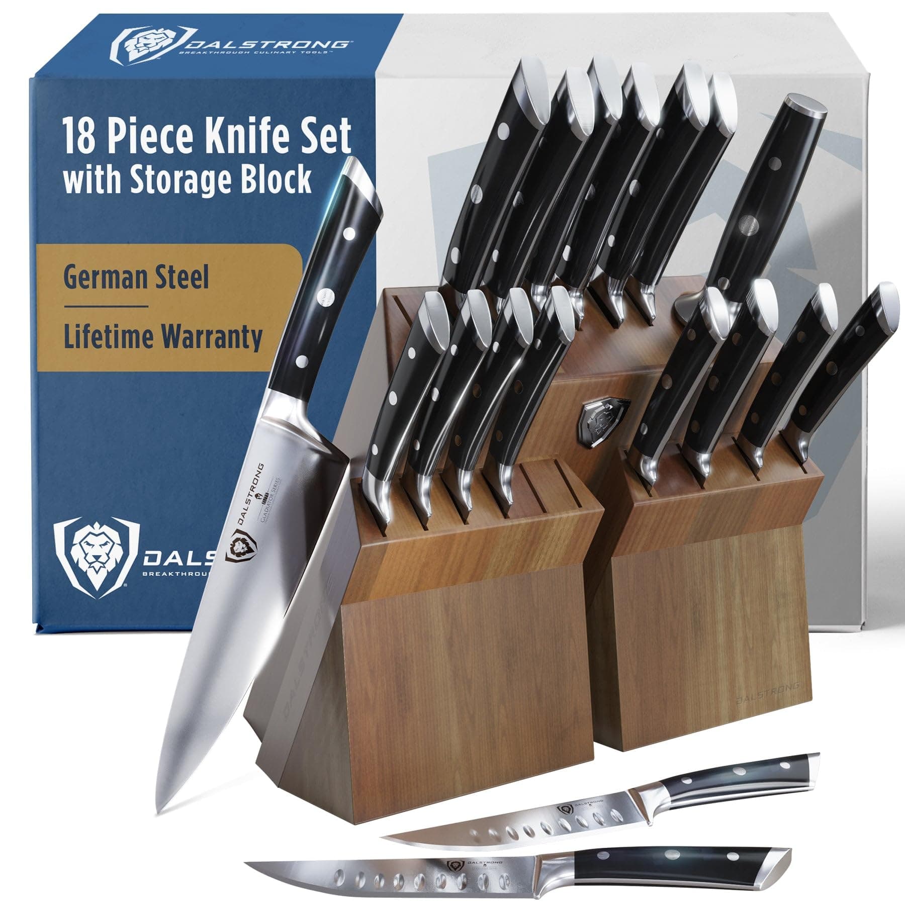 DALSTRONG Knife Set Block - 18-Pc Colossal Knife Set - Gladiator Series -German HC Steel - Acacia Wood Stand (Black Handles) - NSF Certified
