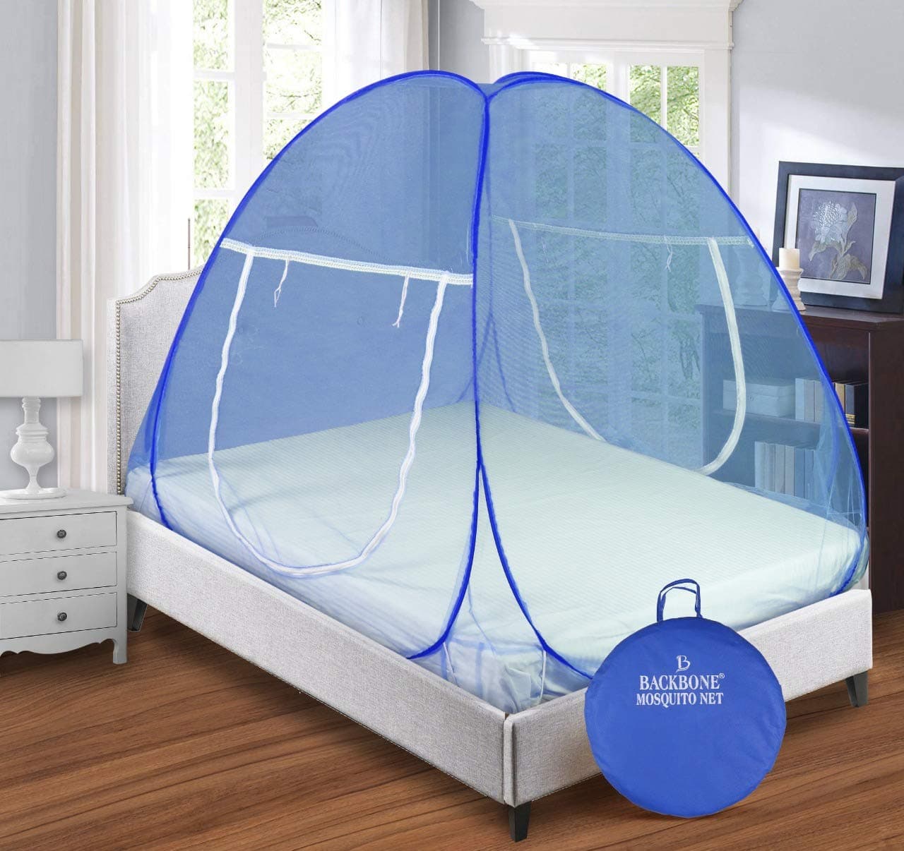 BACKBONE Mosquito Net - Foldable, King Size Double Bed with Saviours - (Full Blue),Design 27