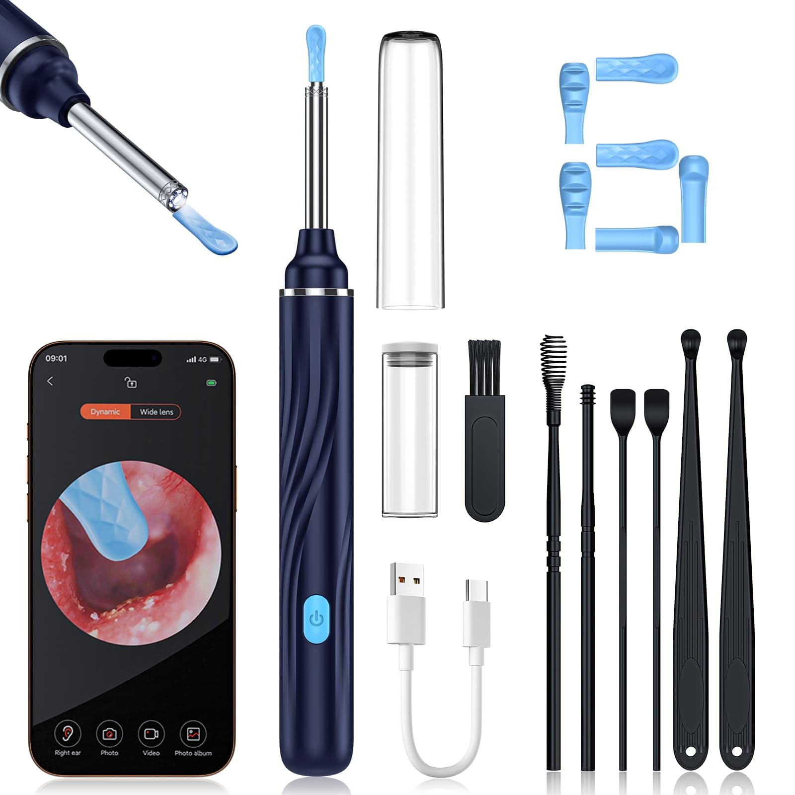 Ear Wax Removal Tool Camera, Ear Cleaner with Camera, 1080P HD Ear Camera and 6 LED Light, Ear Wax Removal Kit with 6 Ear Pick, 6 Pcs Ear Set, Ear Camera Wax Removal for iOS & Android, Blue