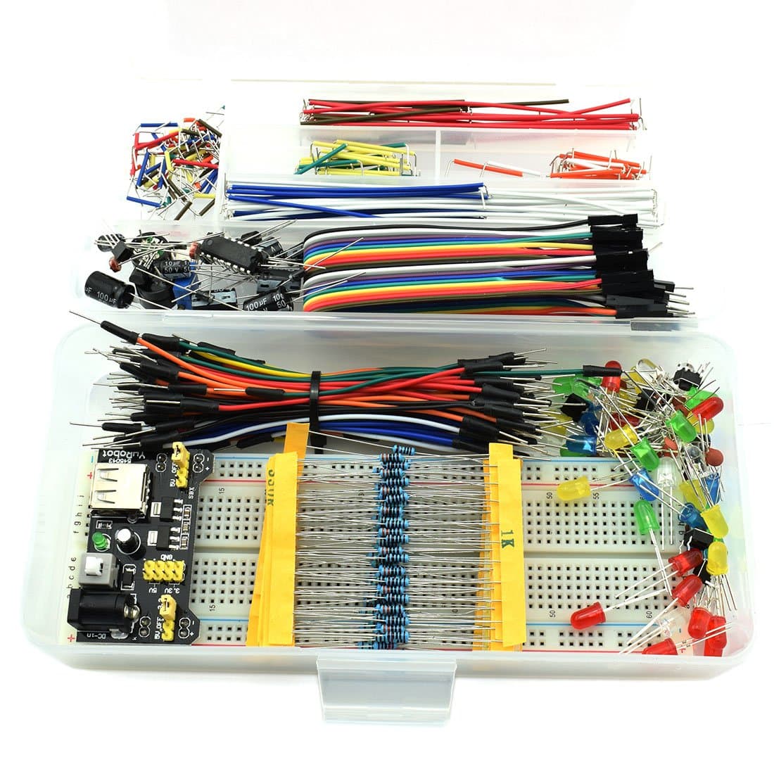 Electronic Component Assorted Kit for Arduino, Raspberry Pi, STM32 etc. 830 Breadboard + Jumper + Power Module + Resistor + Capacitor + LED + Switch (Pack of 458pcs)