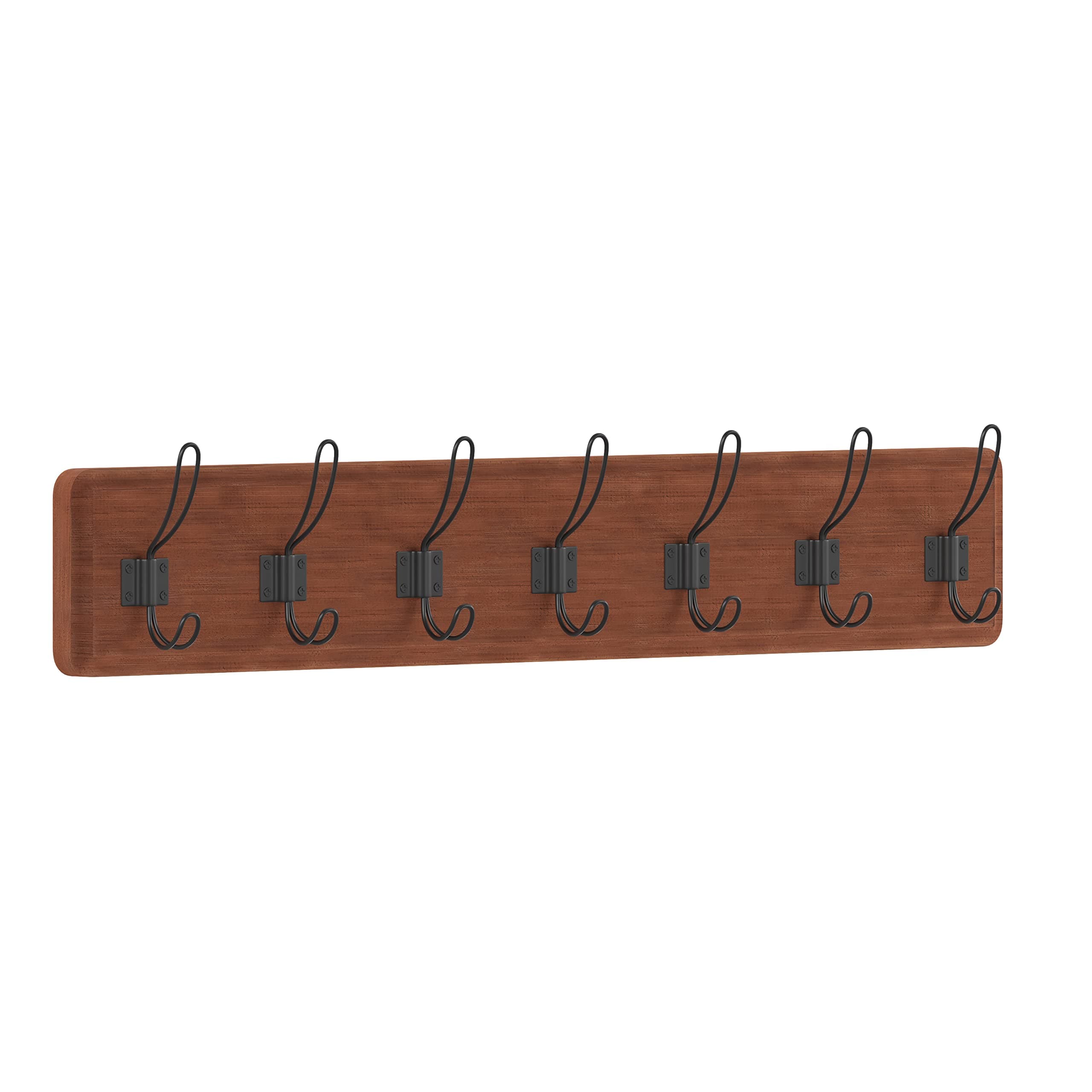 Rustic Brown Solid Wood Wall Mounted Coat Rack with Shelf, 7 Hooks, 34" Long - Kitchen, Mudroom, Entryway, Bathroom - Includes Mounting Hardware, Coat Hanger, Dog Leash Hooks
