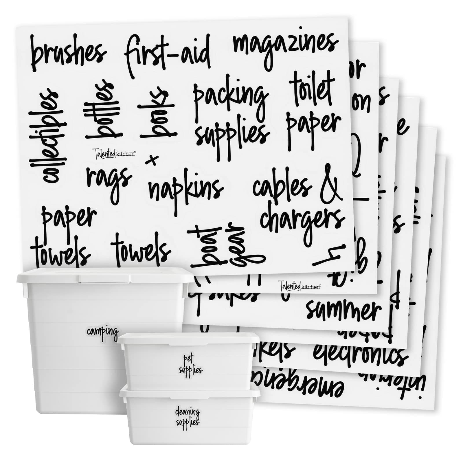 Talented Kitchen Removable Storage Bin Labels - Preprinted Water-Resistant Script Labels - Easy Peel-Off Decals for Home Organization - Garage Organization Stickers - Pack of 136, 1.25" Rectangles