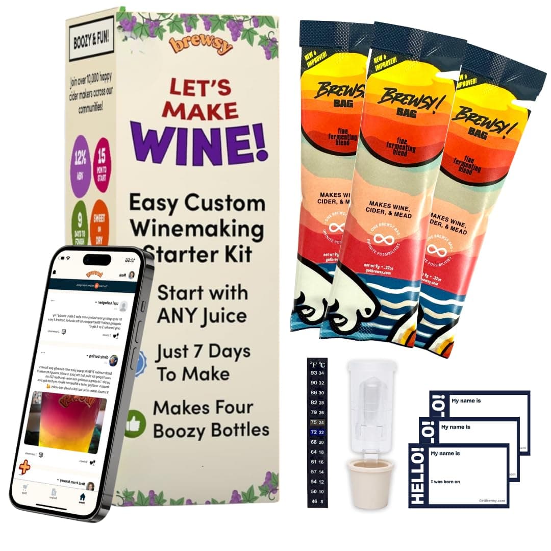 Brewsy Starter Kit for Wine Making - Custom Wine Kit - 4 Bottles in 9 Days - Red or White Wine - Use Any Juice
