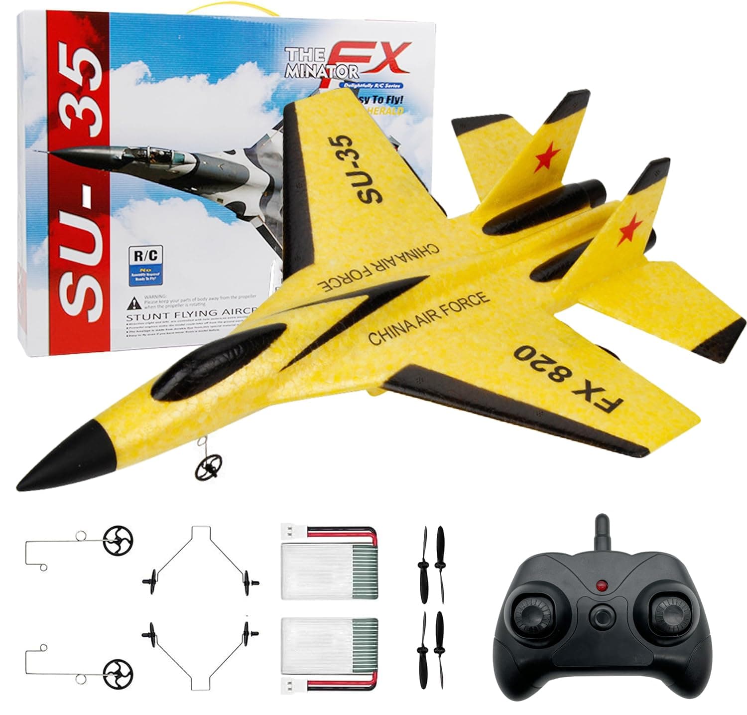 Eayaele SU-35 RC Plane, 2CH Remote Control Airplane, Hobby RC Glider, Ready & Easy to Fly for Beginners, RC Aircraft Jet with Luminous Strip (Yellow)