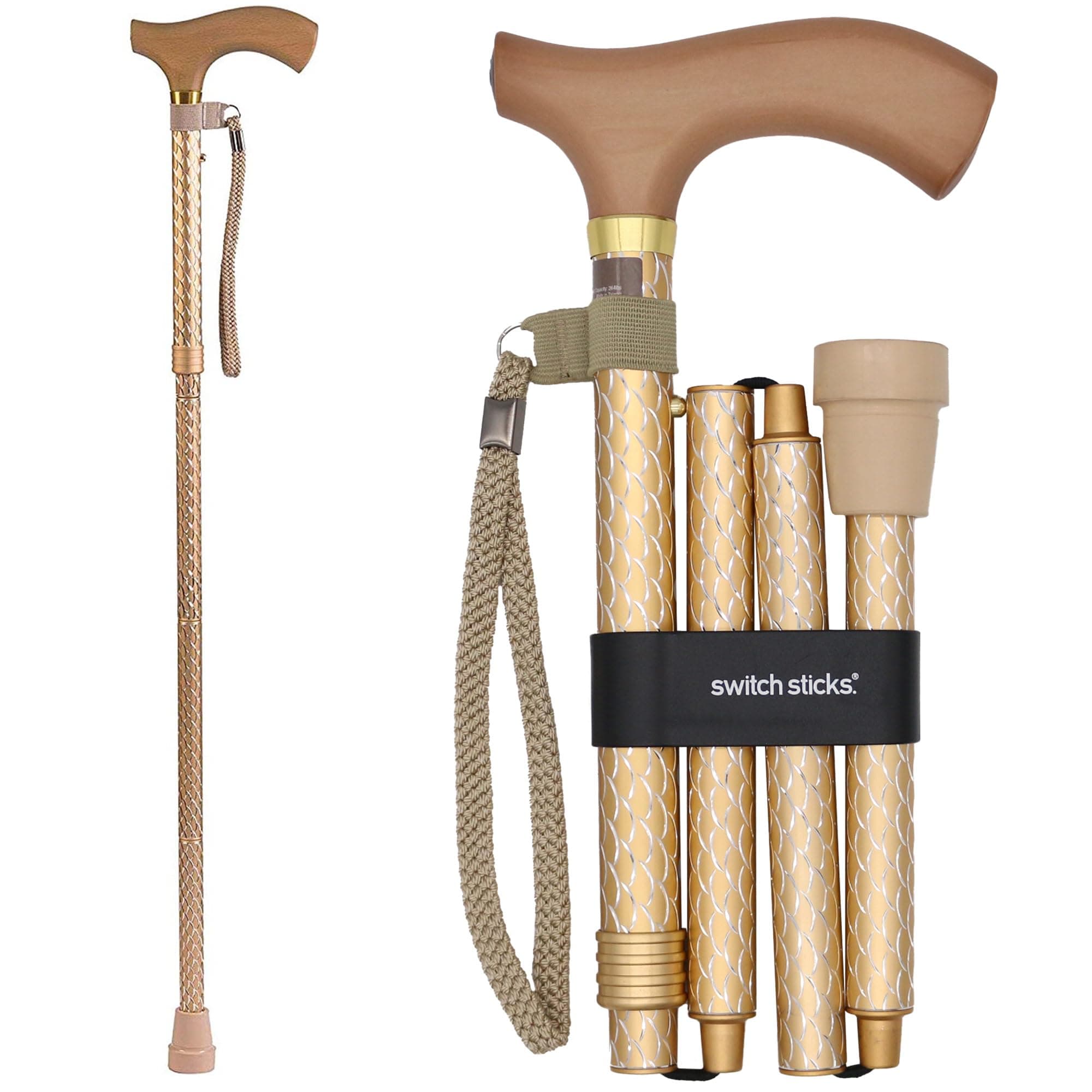 Switch Sticks Adjustable Folding Walking Cane and Walking Stick Collapses and Adjusts from 32 to 37 inches, Engraved Pearl Gold