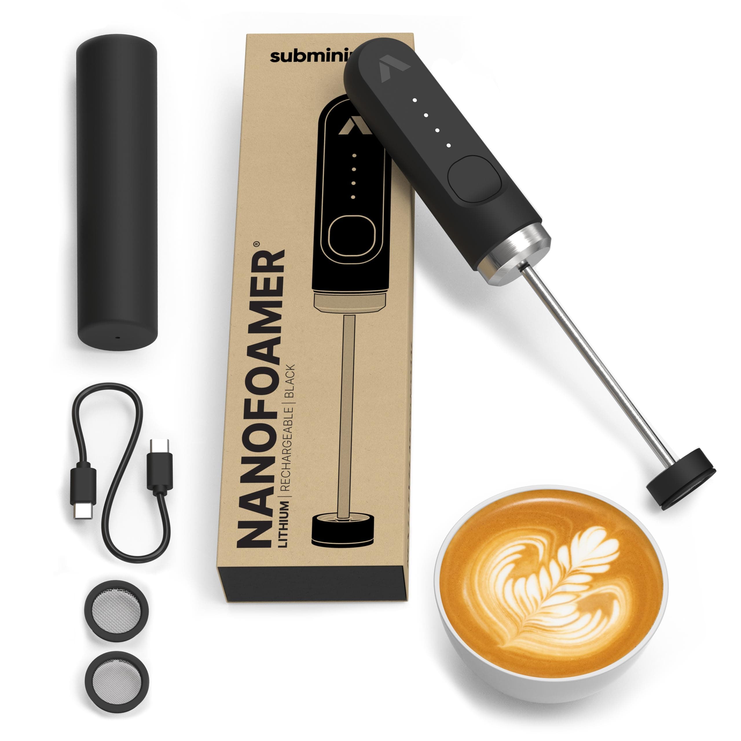 NanoFoamer Lithium Performance Milk Foamer | USB-C Rechargeable, IP4 Waterproof, Dual-Speed, Stainless Steel | Premium Microfoamed Milk in 30 Seconds, Barista-Style Coffee Drinks at Home
