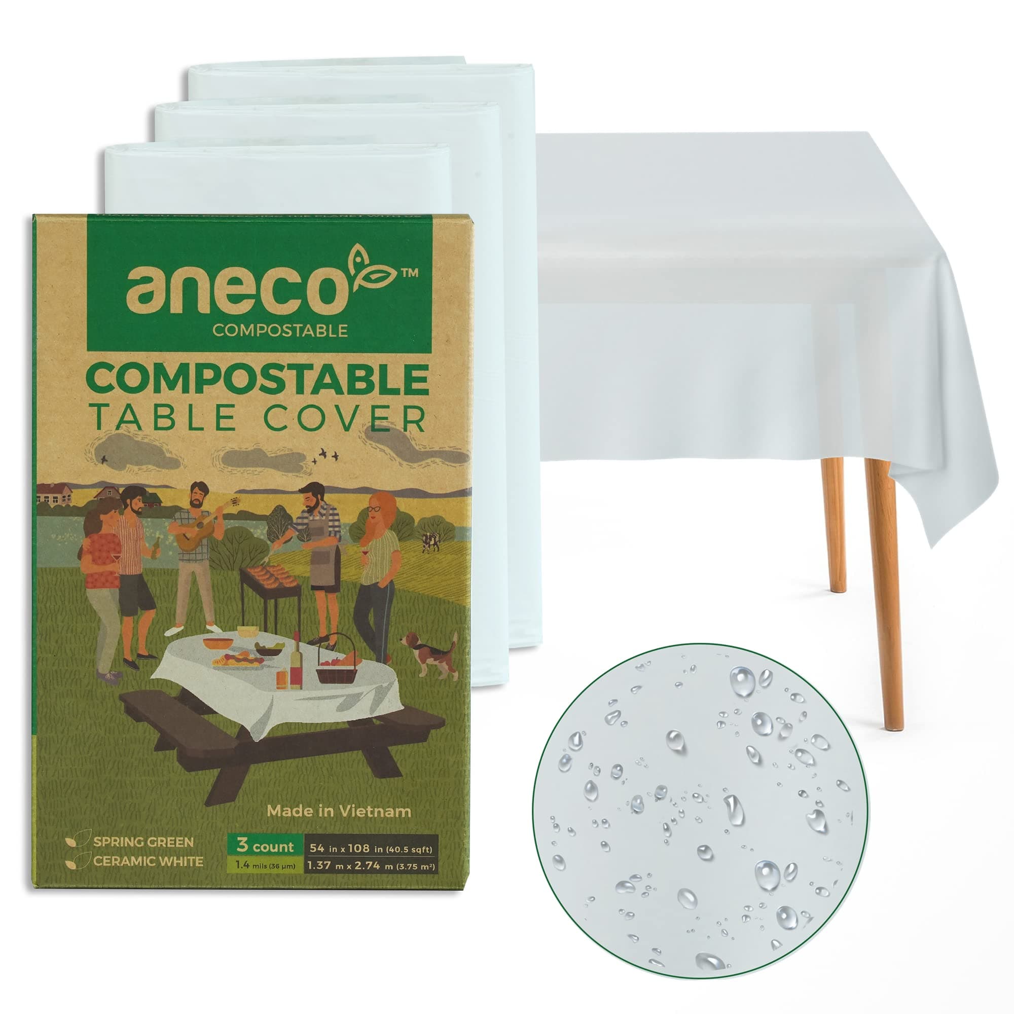 - ANECO 100% Compostable Tablecloths for Rectangle Tables (54''x108'', 3 Count) - White Disposable Rectangular Tablecloth - Anti-Plastic Table Cover for Outdoor, Party, Picnic, Wedding