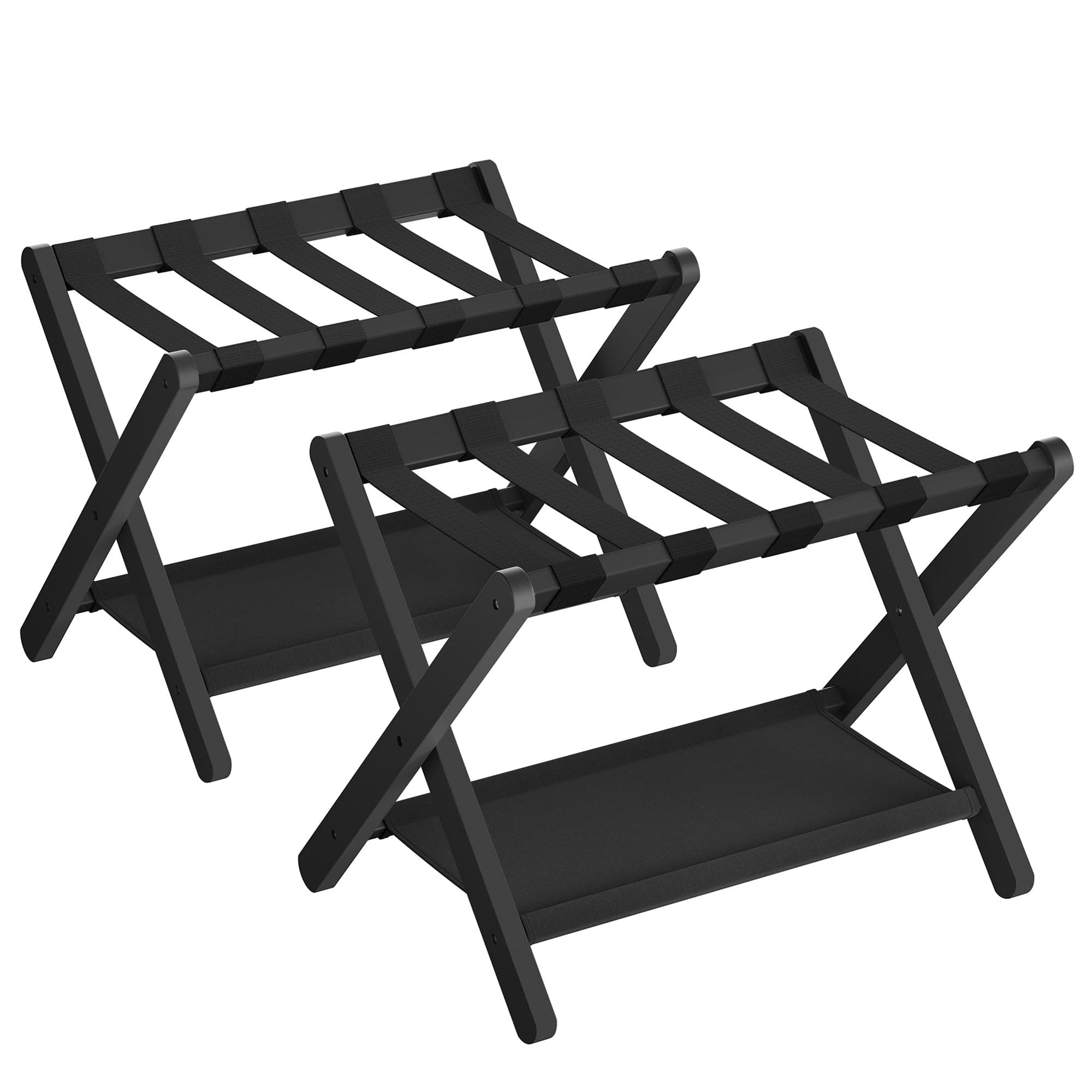 SONGMICS Bamboo Luggage Rack for Guest Room, Set of 2, Folding Suitcase Stand with Fabric Storage Shelf, for Hotel, Bedroom, Heavy-Duty, Holds up to 131 lb, Ink Black URLR007B02