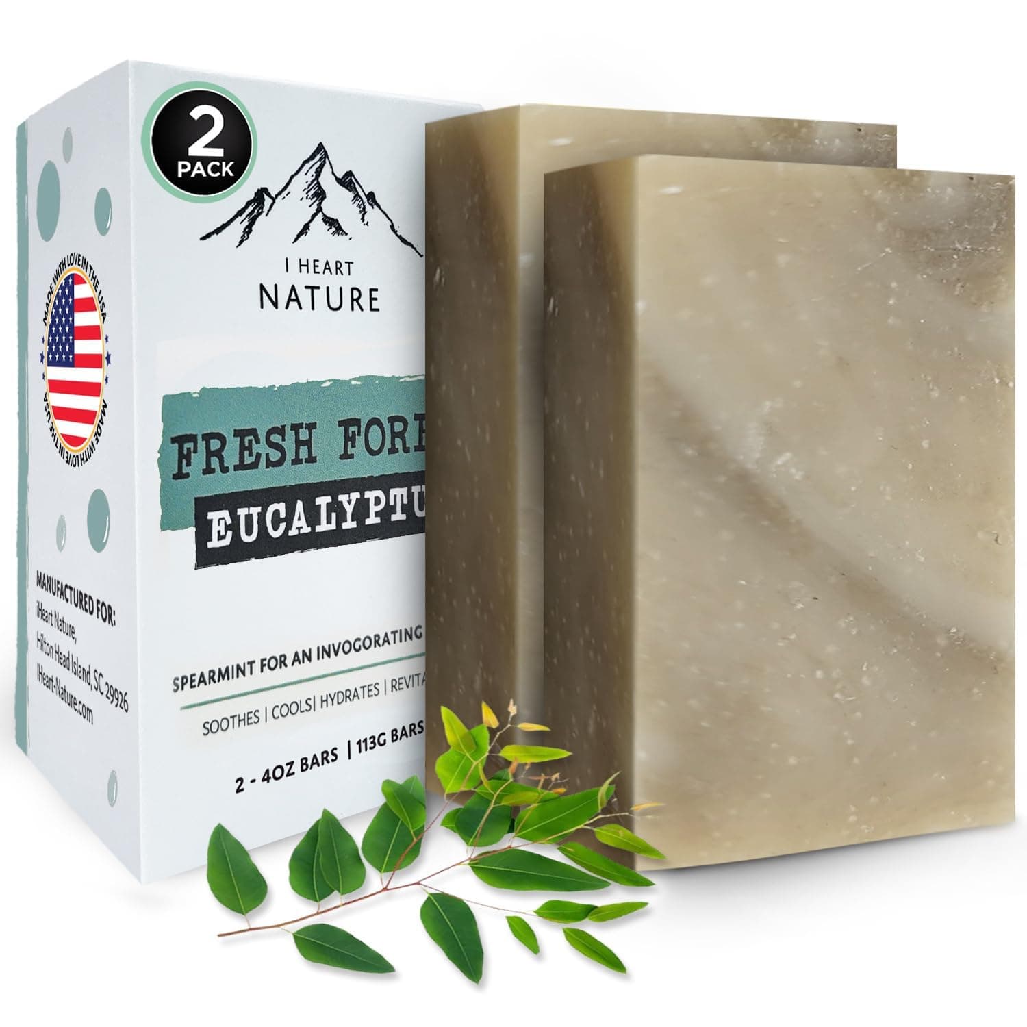 Fresh Forest Eucalyptus Soap Bar (2 Pack) with Spearmint for an Invigorating and Soothing Cleanse - Face & Body Wash - Infused with Shea Butter for Rich Creamy Lather & Long-Lasting Freshness
