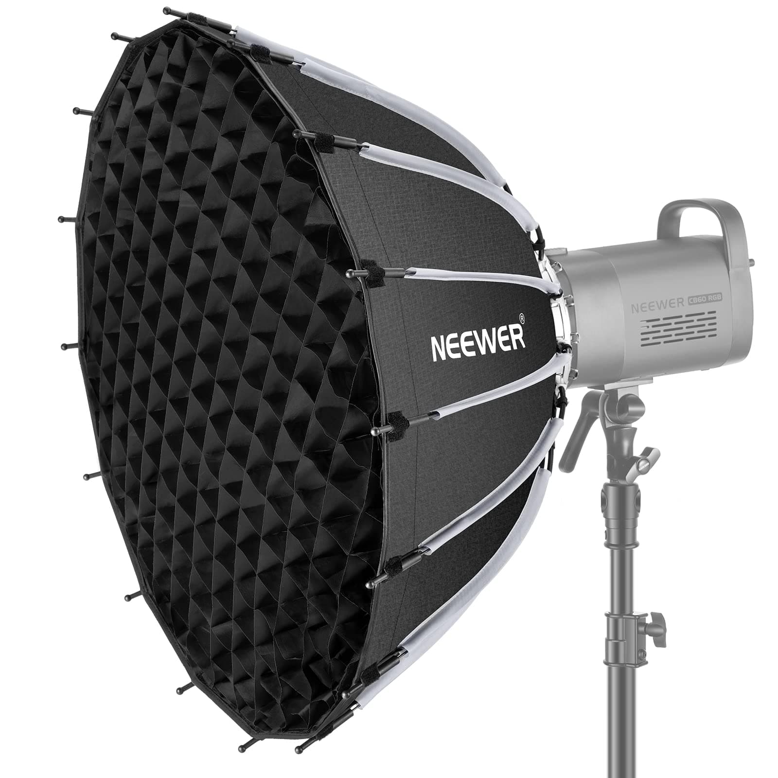 26inch/65cm Parabolic Softbox Quick Set up Quick Folding, with Diffusers/Honeycomb Grid/Bag, Compatible with Aputure 120d Light Dome Godox sl60w NEEWER RGB CB60 and other Bowens Mount Lights