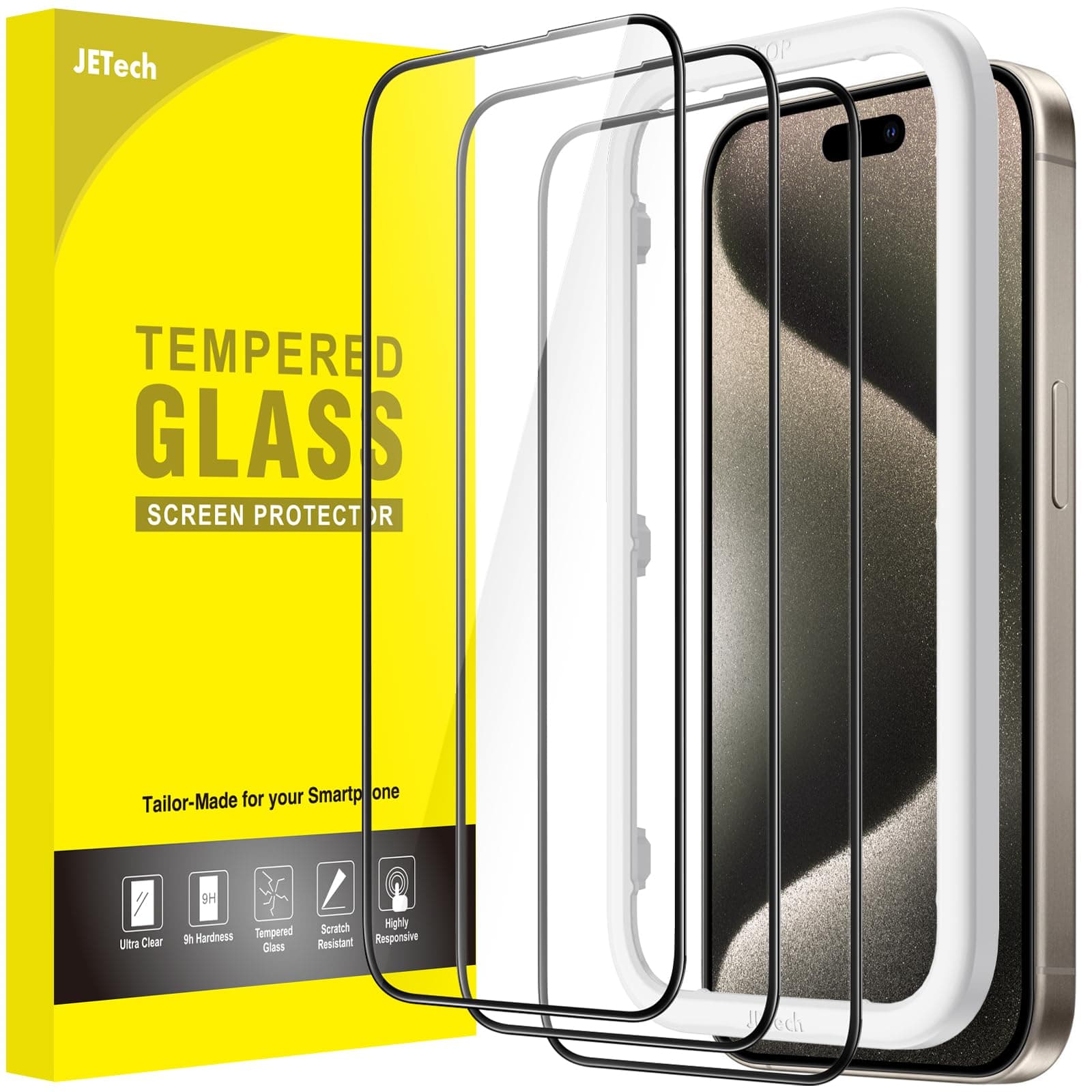 Full Coverage Screen Protector for iPhone 15 Pro Max 6.7-Inch, Black Edge Tempered Glass Film with Easy Installation Tool, Case-Friendly, HD Clear, 3-Pack