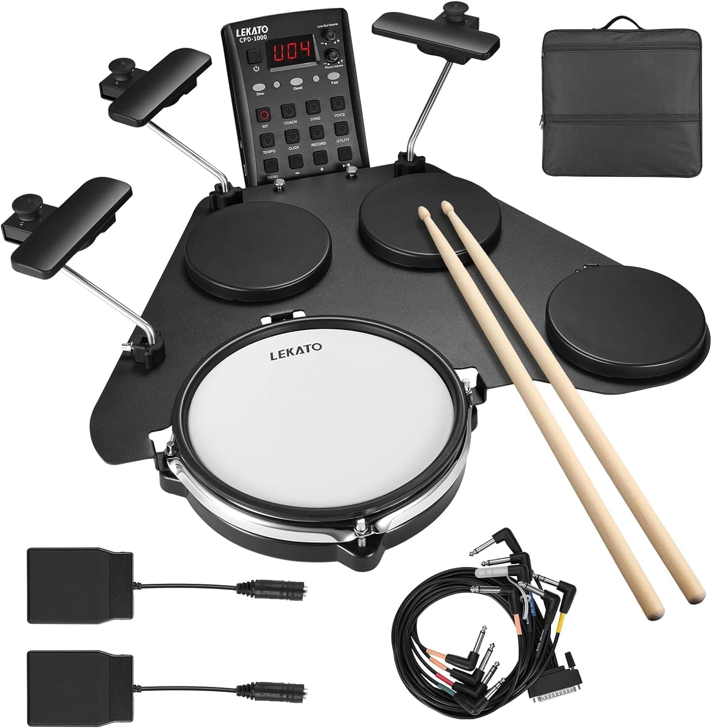 LEKATO Electronic Drum Set, Portable Electric Drum Set for Beginner with Quiet Mesh Snare Drum Pads, 220+ Sounds, USB MIDI, 2 Switch Pedal, Electric Drum Kit with Sticks, Travel Bag