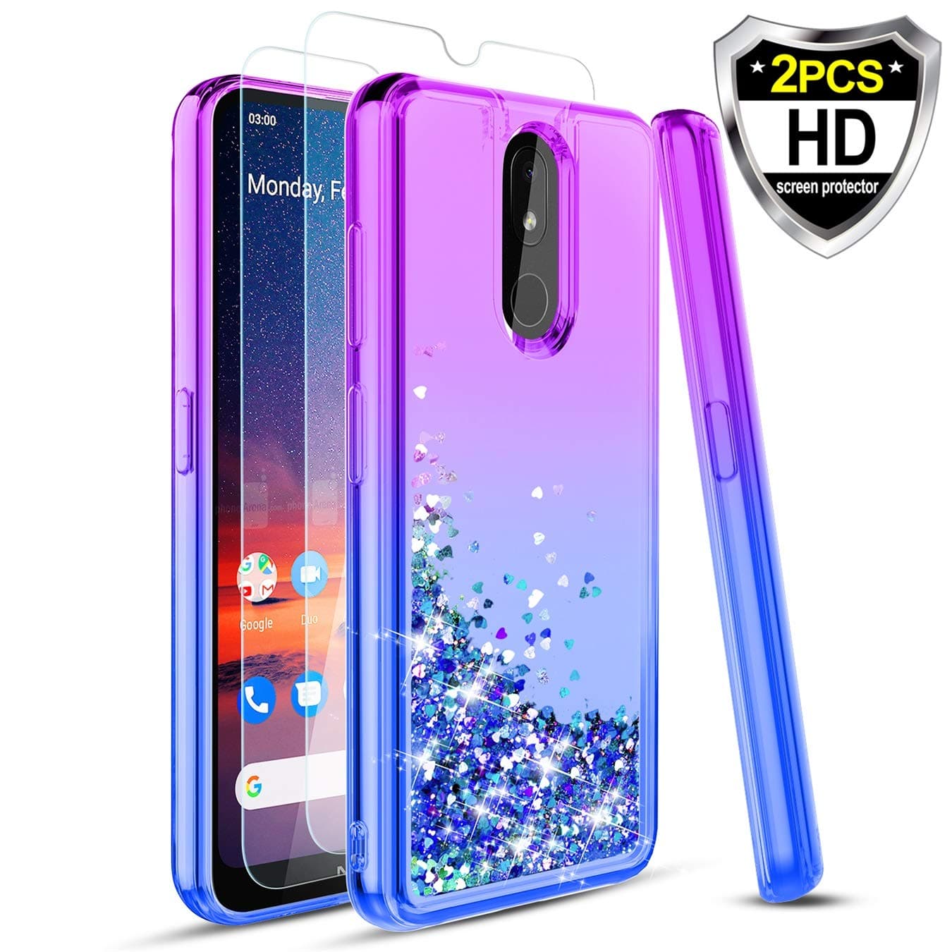 Wareon-Nokia 3V Case, Nokia 3.2 Case,with Soft 2 HD Screen Protector,TPU Glitter Quicksand Shockproof Protective Phone Case for Girls Women-Purple/Blue-Purple/Blue