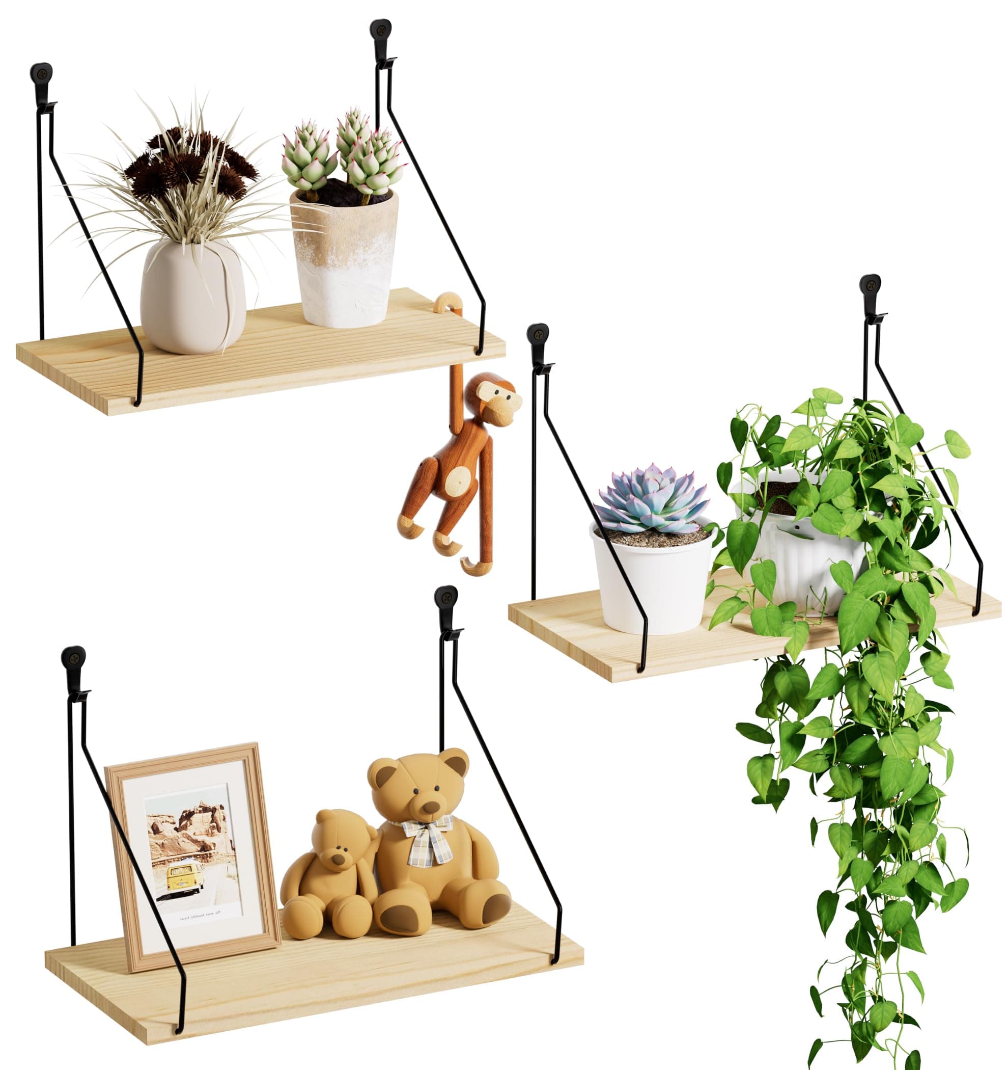 QsQueen Elevate Your Space with Rustic Wood Floating Shelves Set of 3- Perfect for Bedroom, Living Room, Bathroom, and Kitchen Decor - Easy Installation, No Drilling Needed!