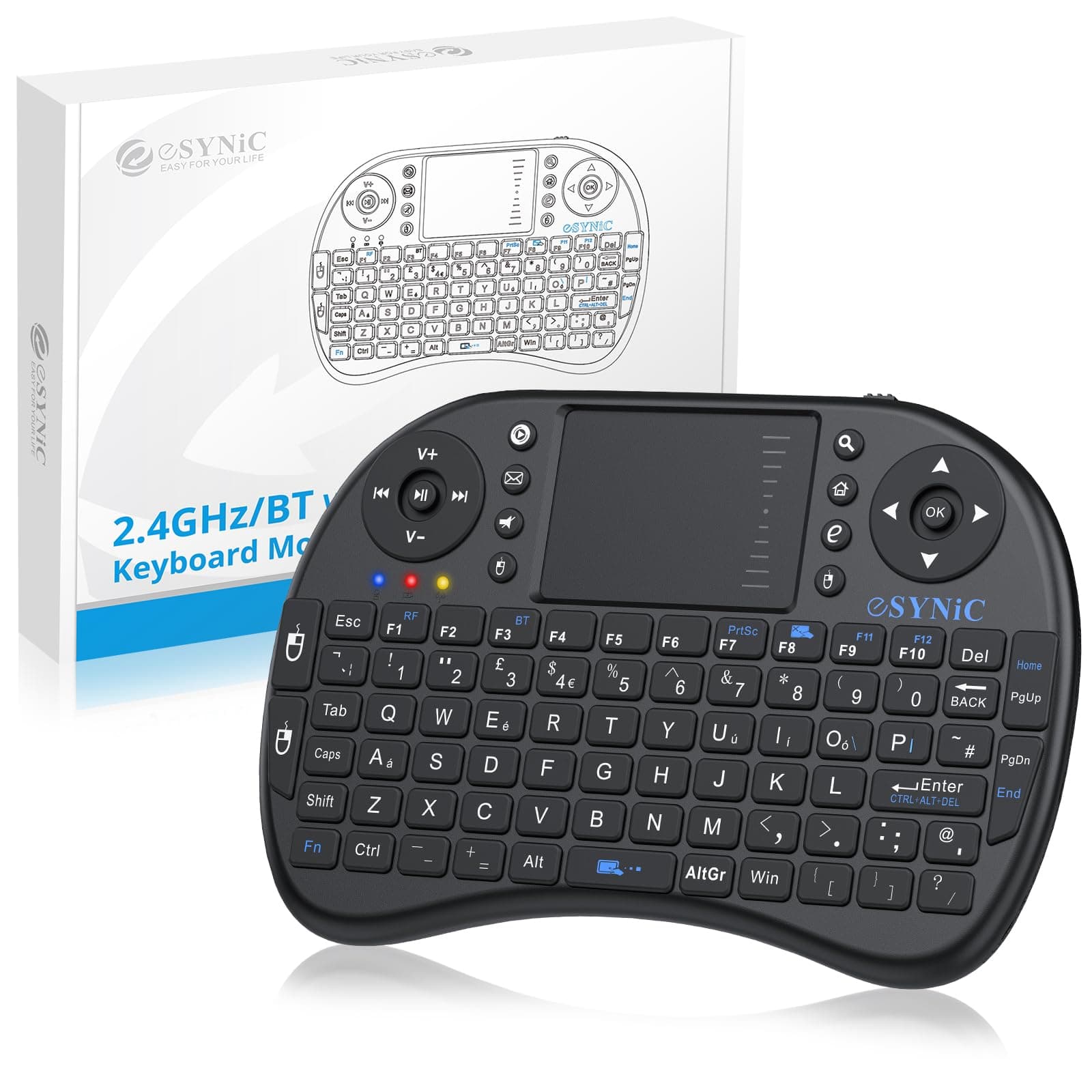 eSynic Upgraded Bluetooth Mini Wireless Keyboard 2.4G XBMC Touchpad Mouse Combo Multi-media Portable Handheld Keyboard for Phone Google XBOX TV HTPC IPTV Raspberry PS5 British Layout-Black