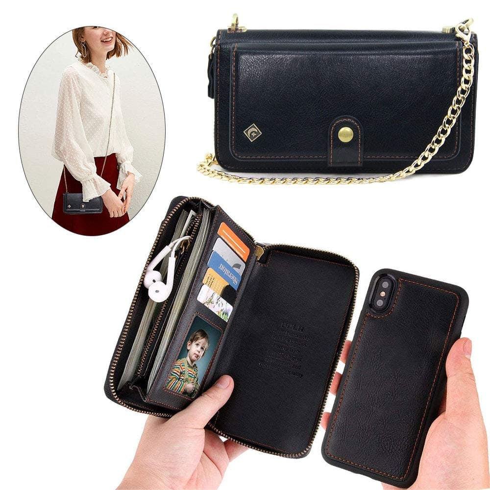 iPhone 8 Plus /7 Plus /6 Plus Wallet Case - JAZ Crossbody Chain Satchel Zipper Purse DetachableMagnetic 14 Card Slots Momey Pocket Clutch Leather Wallet Case for Apple iPhone 8/7/6/6S Plus Black