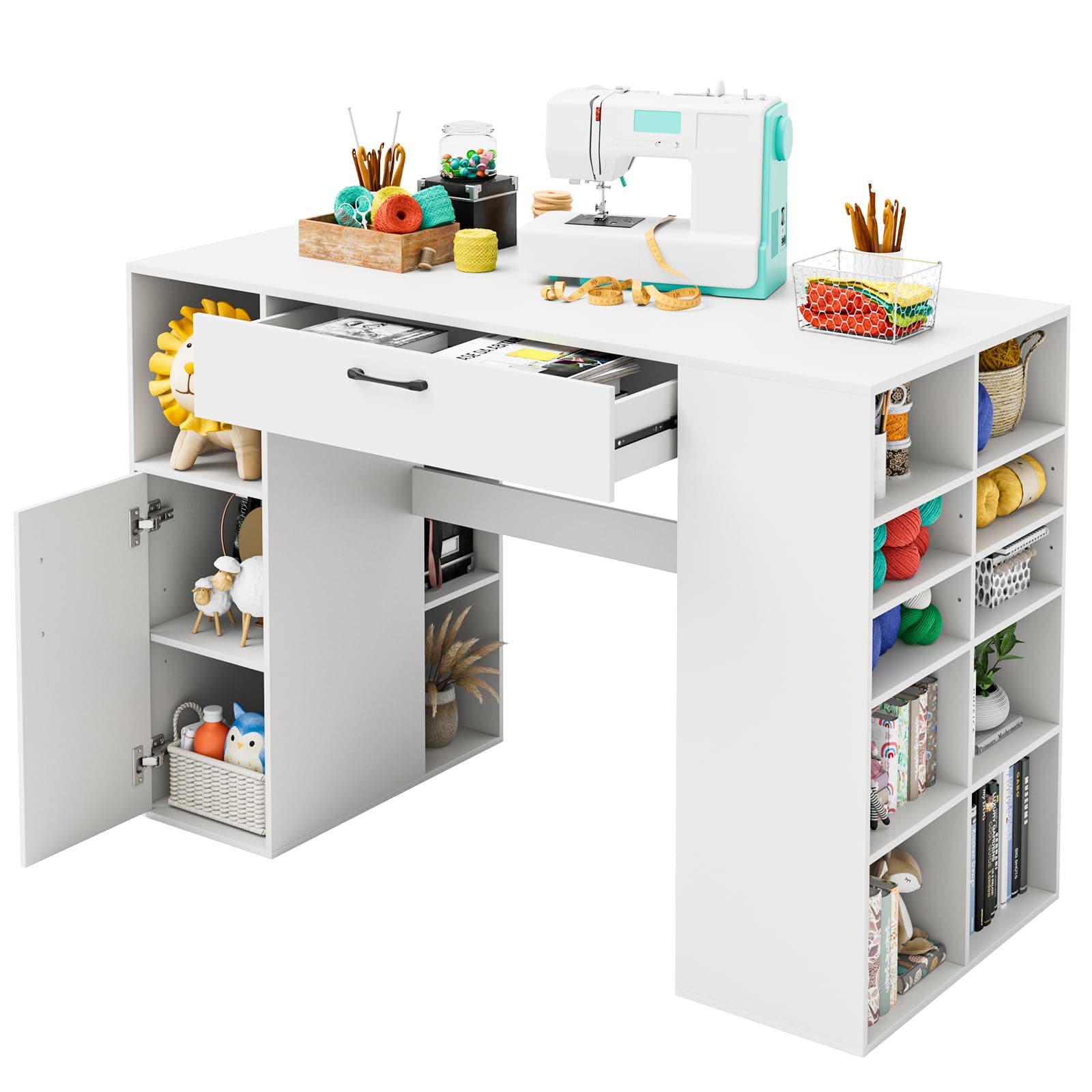 Craft Table with Storage, 53'' Artwork Sewing Table with 14 Cube Storage Shelves, Large Drawer, Cabinet with 2 Shelves, 36'' Counter Height Sewing Workstation White Drafting Writing Desk