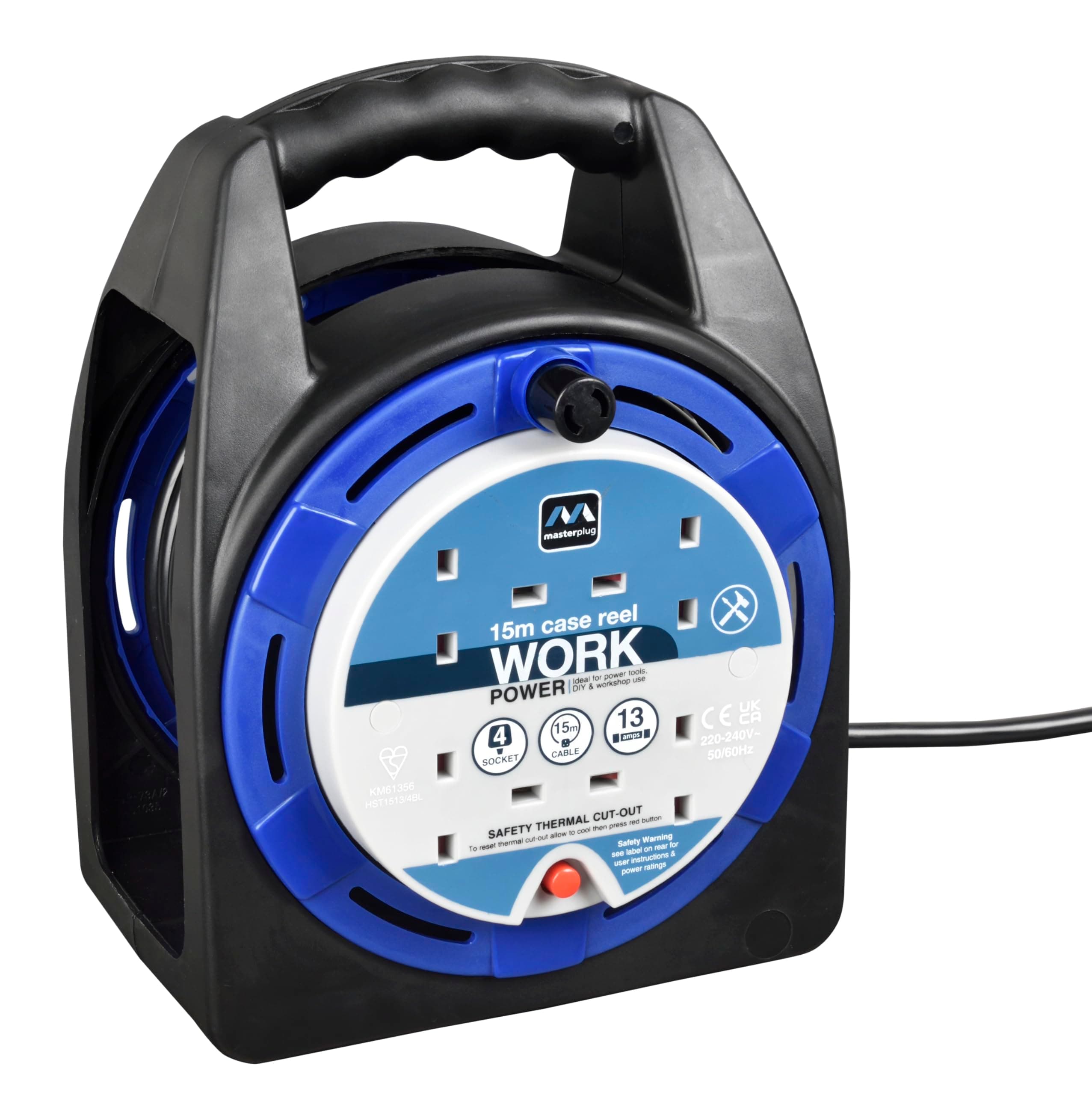 HST1513/4BL Four Socket Open Cable Reel Extension Lead with Handle, 15 Metres, Black/Blue