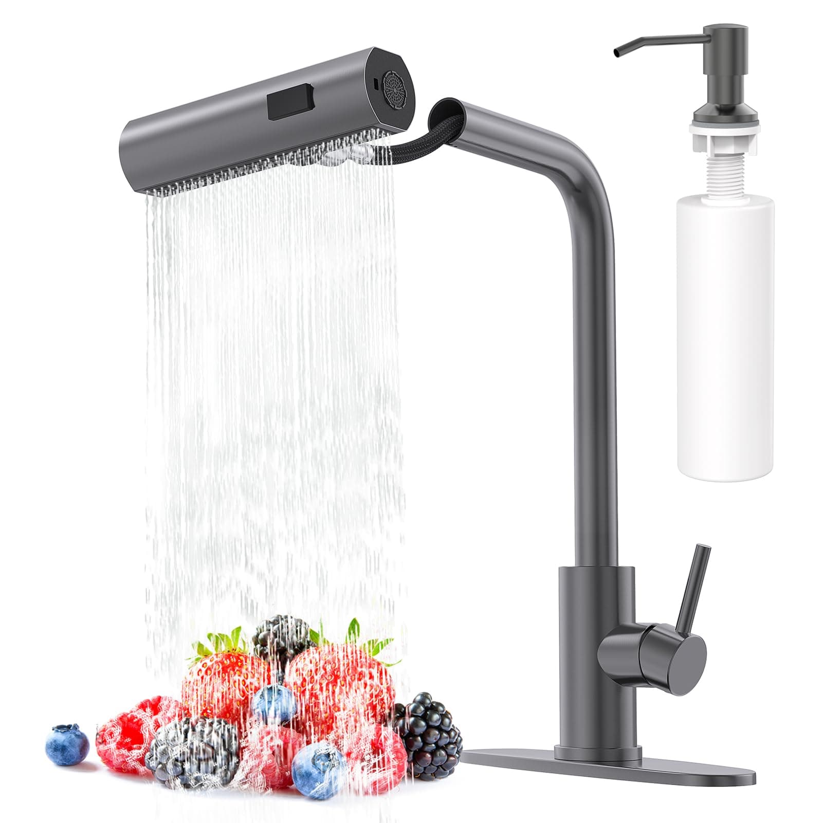 AVSIILE Waterfall Kitchen Faucets with Pull Down Sprayer & Soap Dispenser, Single Hole, Single Handle, Pull Out Tap, Stainless Steel Sink Faucet in Gray, Suitable for Farmhouse Camper Laundry Rv Bar