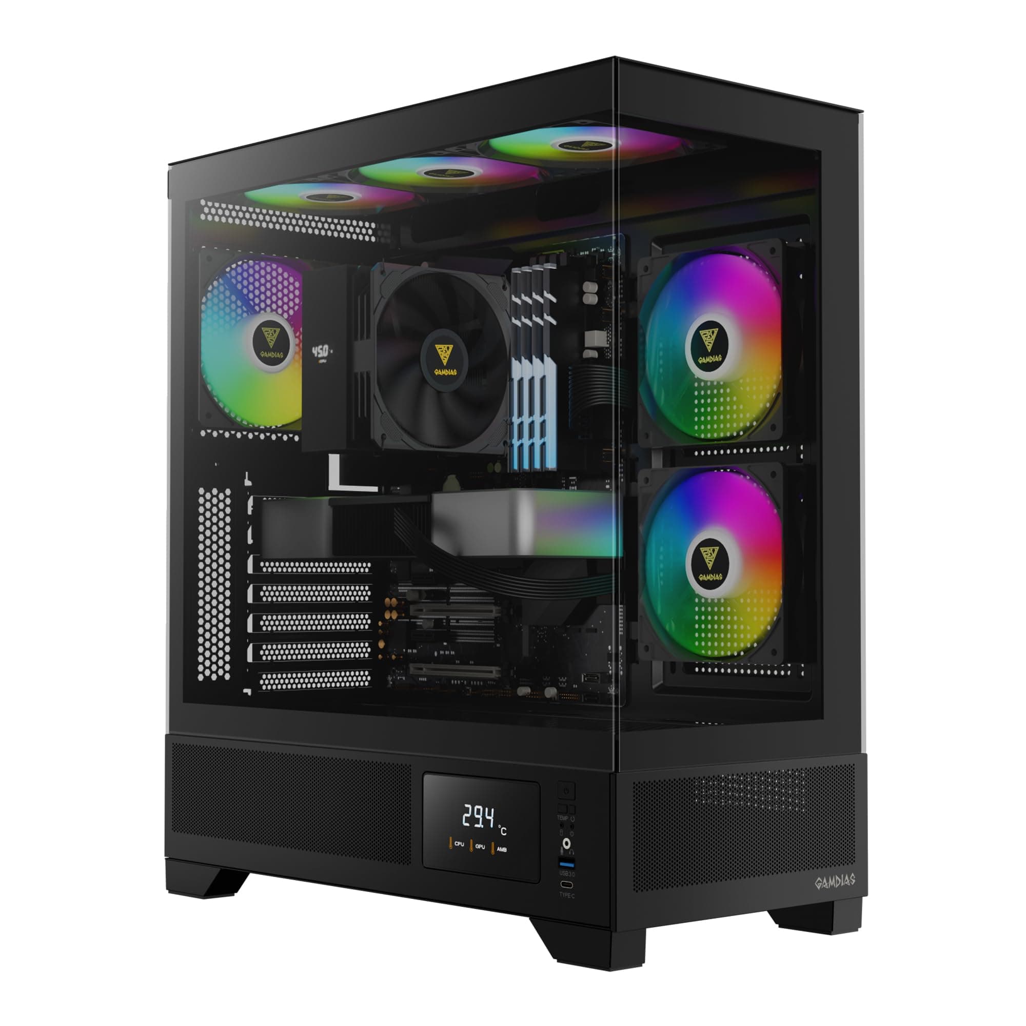 Mid Tower Gaming Computer Case w/Display& App, ATX Tempered Glass PC Case, Built-in 3X 120mm ARGB PWM Fans, Up to RTX 4000 GPU/VGA 410mm& 360mm AIO/Radiator& 6x120mm Fans& 160mm CPU Cooler