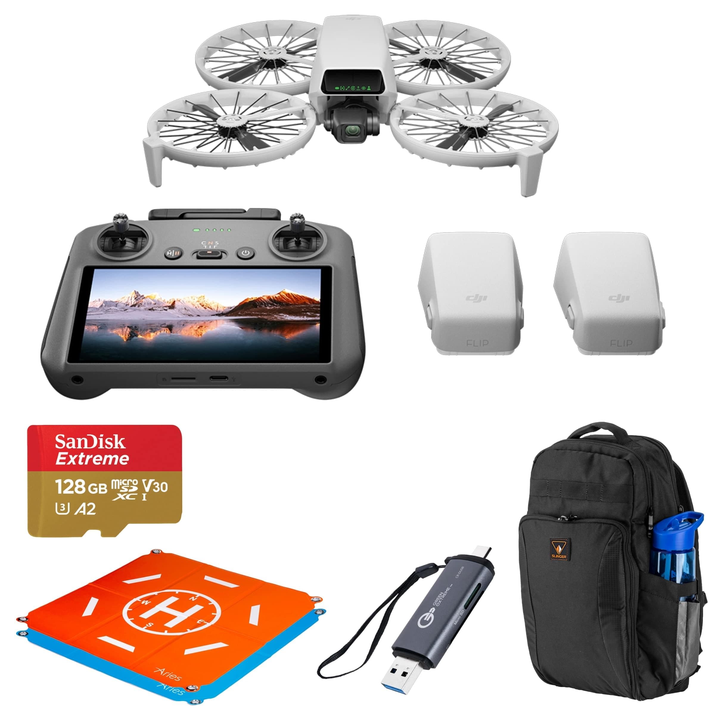 Flip Drone Fly More Combo with RC 2 Remote Controller, 3 Batteries for 93-Min Flight Time + Backpack + SD Card + Landing Pad, Card Reader