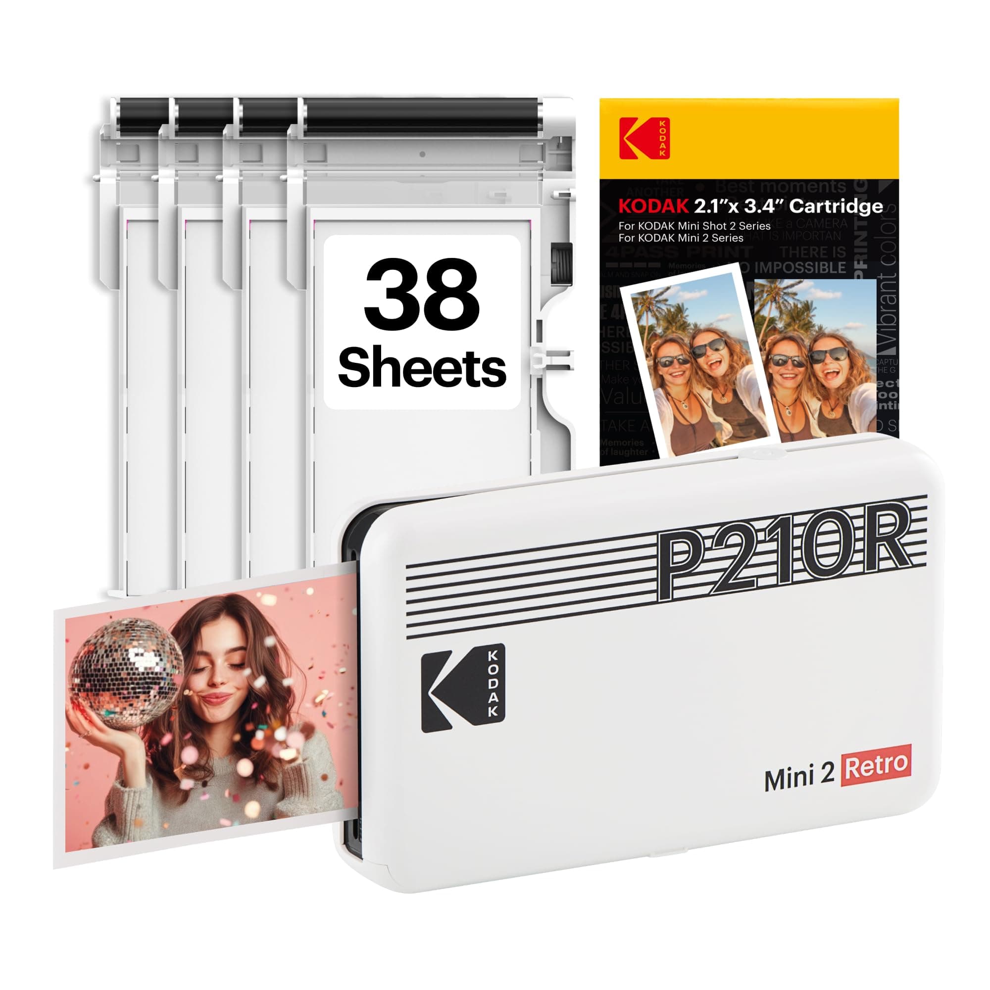 KODAK Mini 2 Retro 2x3 Mobile Photo Printer, 38 Sheets, Bluetooth Phone Printer for iPhone & Android, Instant Color Prints, 4PASS Dye Sublimation, White