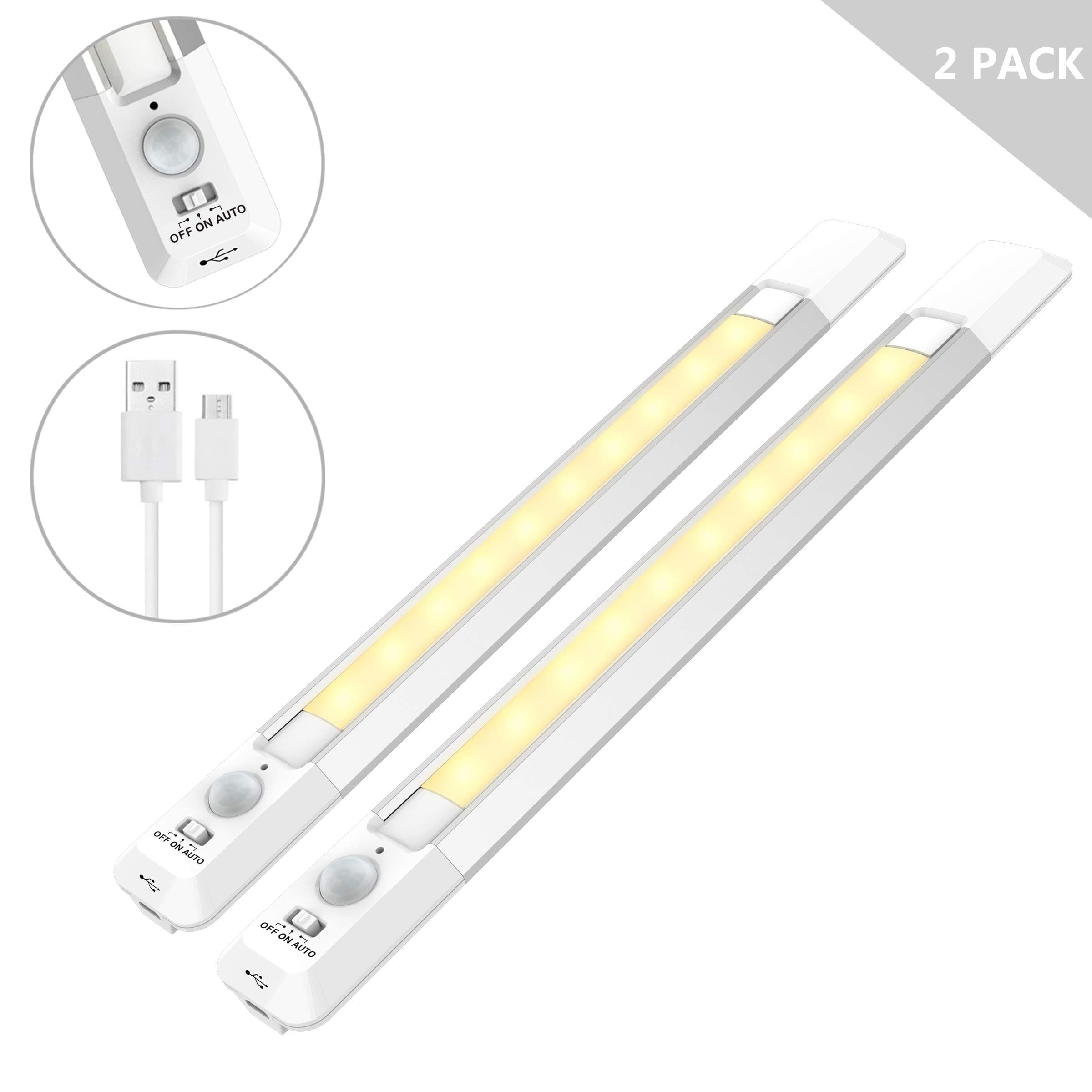 BIGLIGHT Wireless Motion Sensor Closet Light, USB Rechargeable LED Under Cabinet Counter Lighting, Magnet Stick on Lights for Shelf Pantry Safe Wardrobe Stairs, 10 Inch, 125 Lumen, 2 Pack