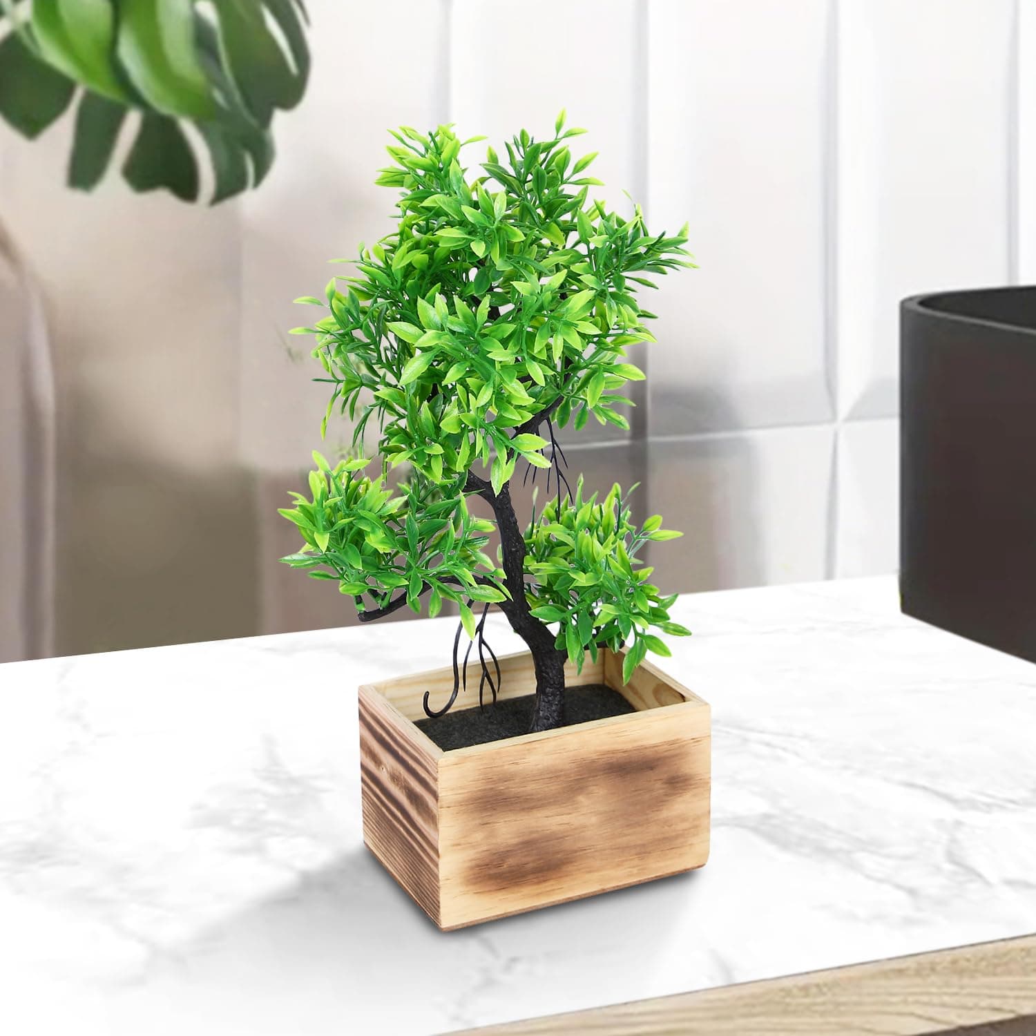 Amazon Basics Artificial Green Tree in Wooden Rectangular Tray | Realistic 30 cm Faux Greenery | Stylish & Compact | Zero Maintainance | Indoor, Outdoor, Home & Office Décor